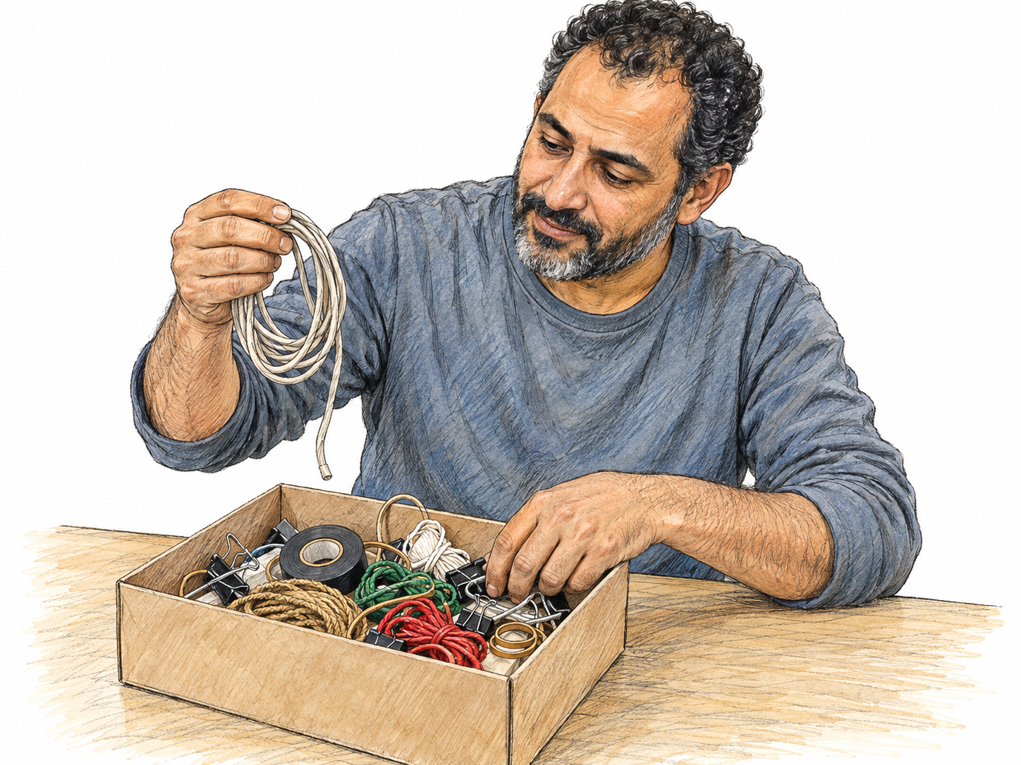 A man scrounges a usable length of cord from a small box of miscellaneous leftovers on a worktable, lifting it out after rummaging through the contents.