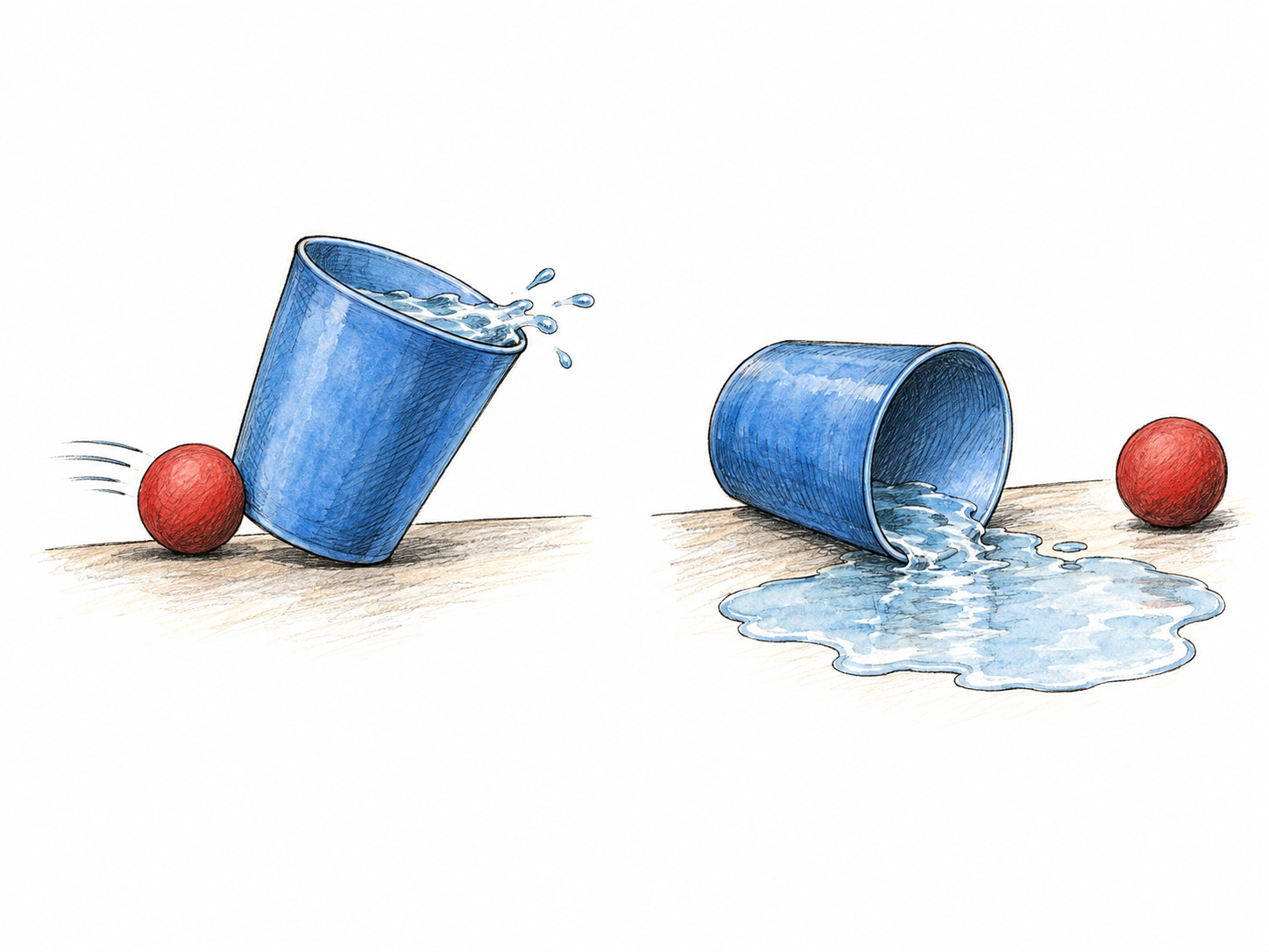A clear two-panel cause-and-result sequence: a rolling ball knocks a water-filled cup over; afterward, water spills from the fallen cup across the tabletop.