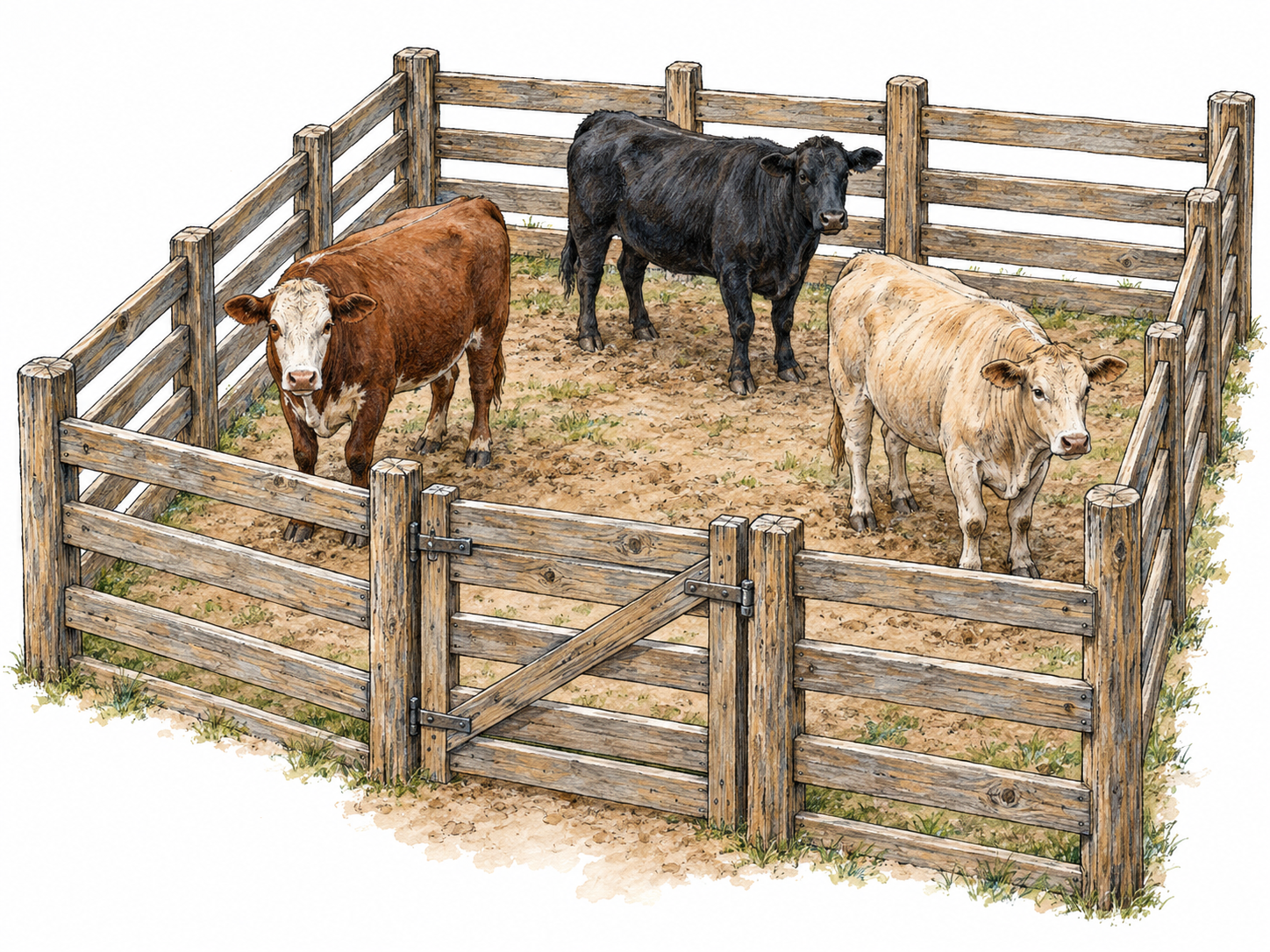 A sturdy wooden livestock enclosure with a closed gate, containing three cattle.