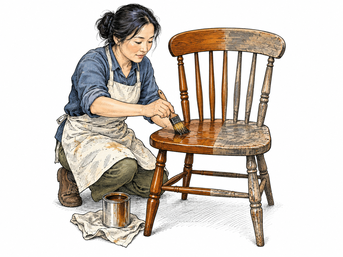 A restorer improves a dull wooden chair by carefully refinishing one half while the other half remains worn; quality enhanced visibly, no unrelated ornament or slogan.