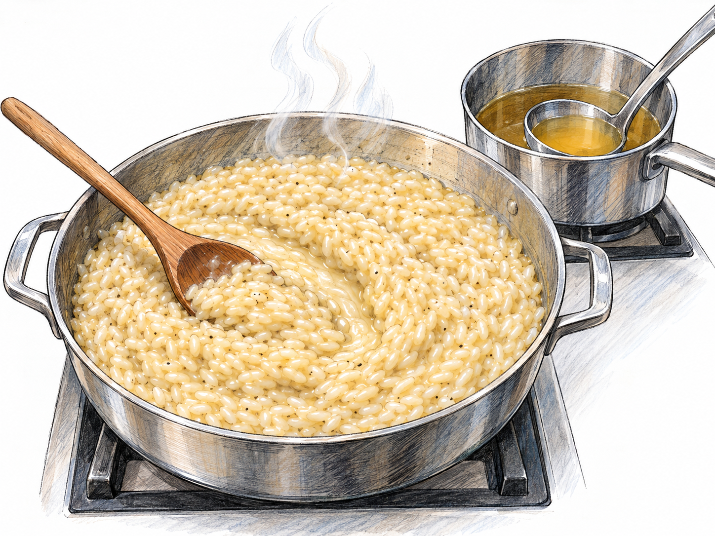 A shallow pan of creamy risotto with distinct plump rice grains, beside a small saucepan of golden broth and a ladle; gentle steam and a wooden spoon resting in the rice suggest slow stovetop preparation.