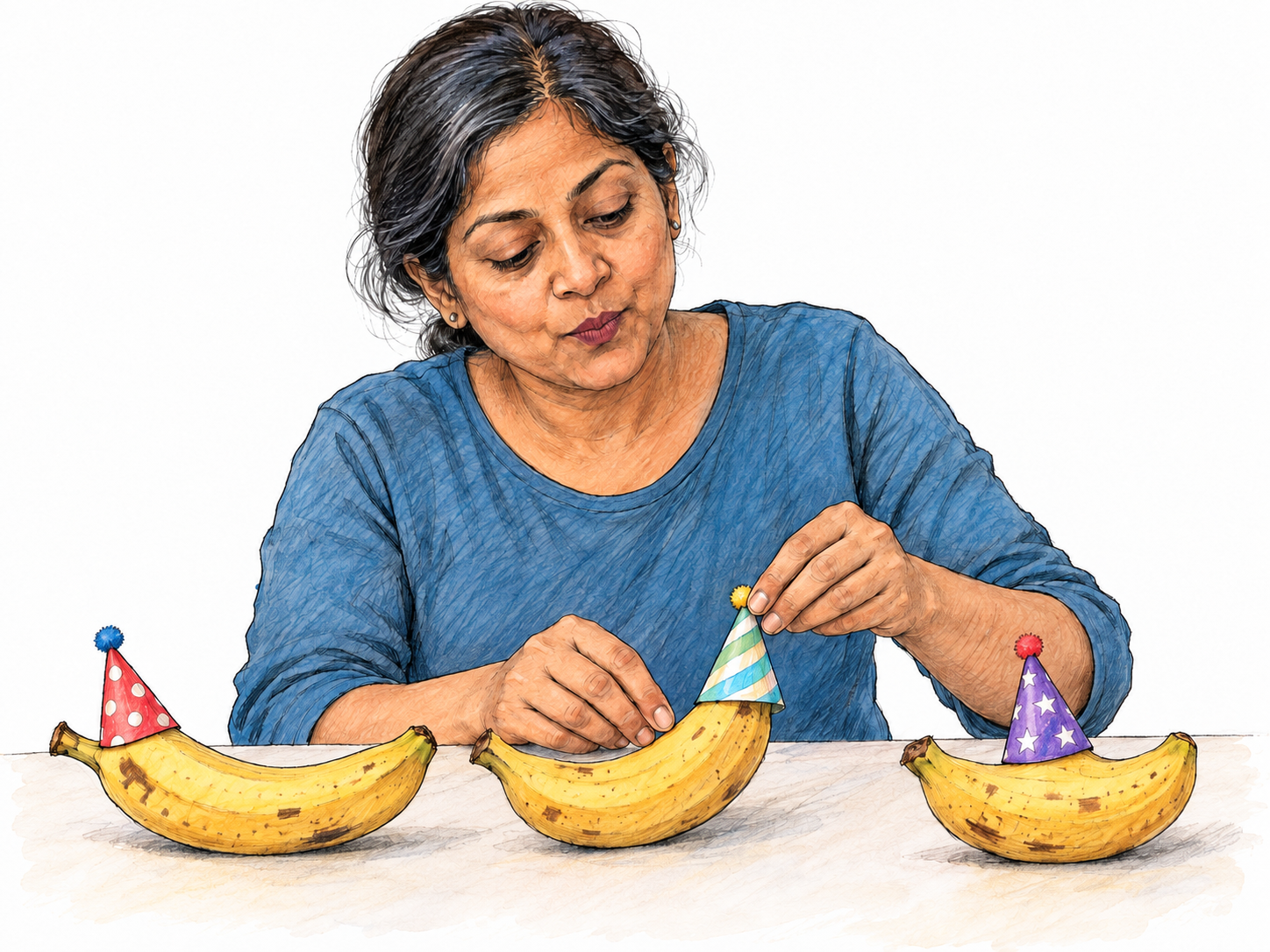 A middle-aged woman solemnly arranges tiny party hats on three bananas, a deliberately silly activity treated with comically excessive seriousness.