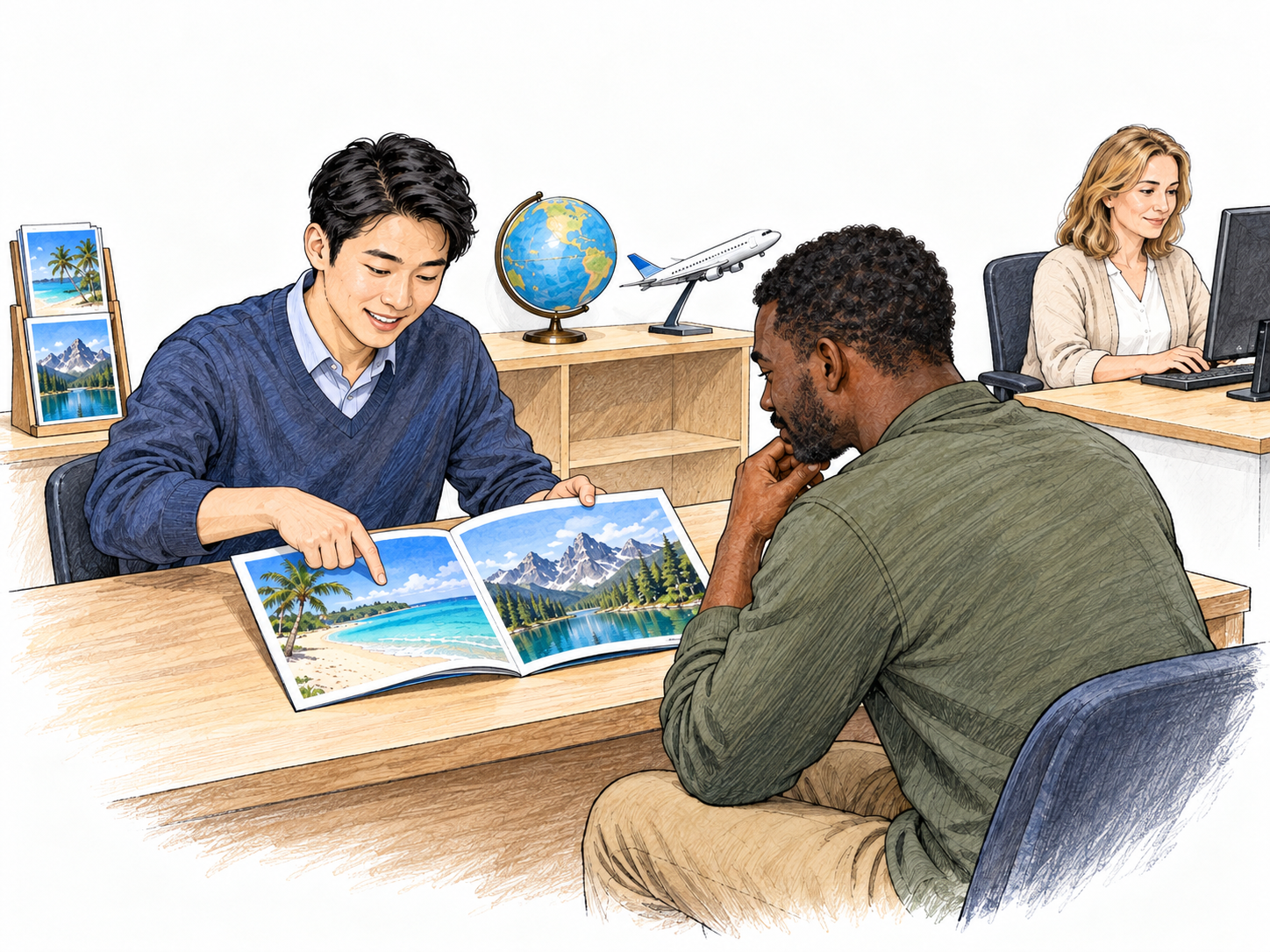 A small travel agency: two staff members at matching consultation desks help a customer choose a holiday, with travel photographs, a globe, and a model passenger plane making the specialized service visible.