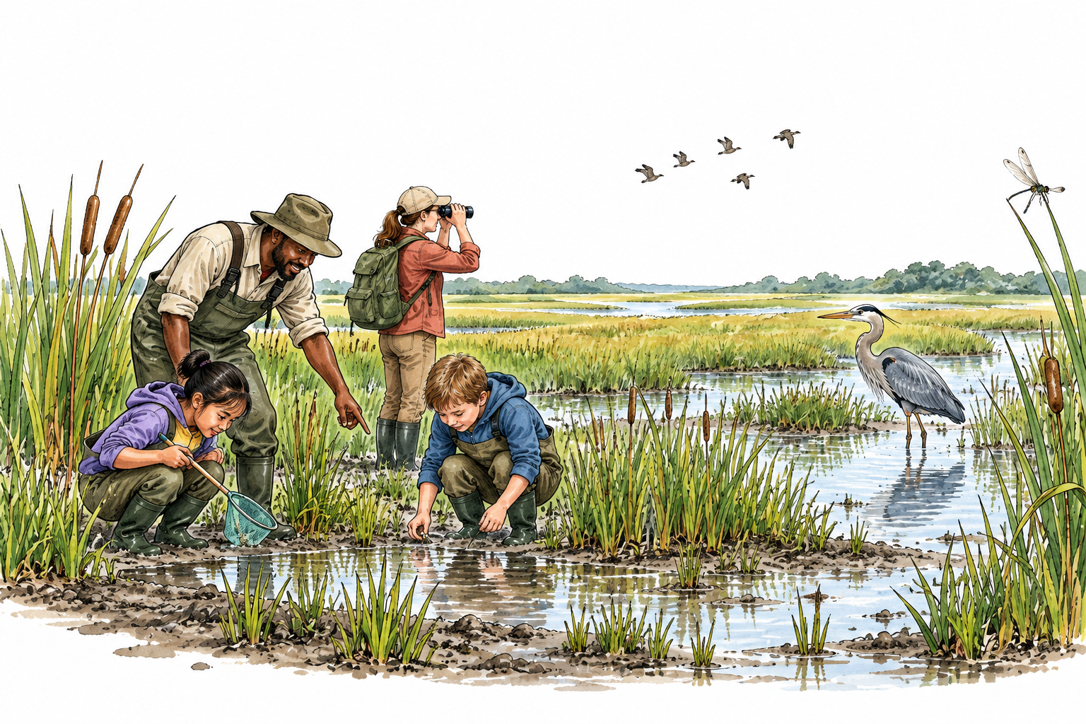 Low marsh with reeds grasses shallow water and mud.