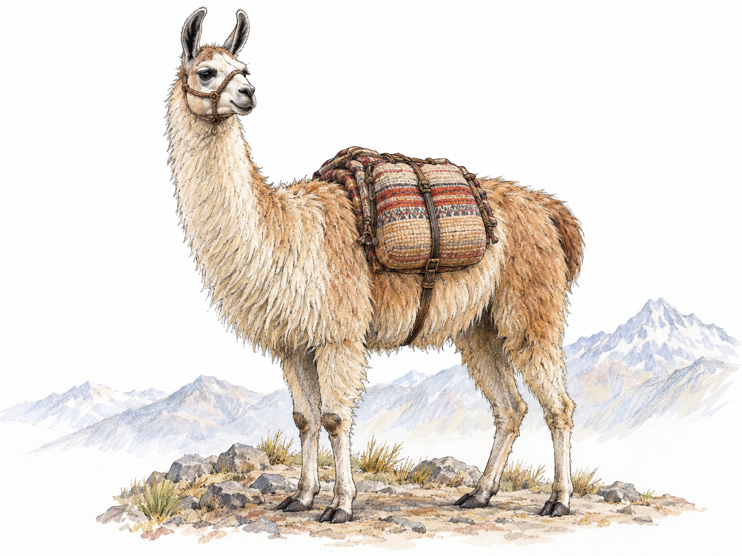 One full-grown domesticated llama in three-quarter side view, with its long neck, woolly body, elongated face and curved upright ears clearly visible.