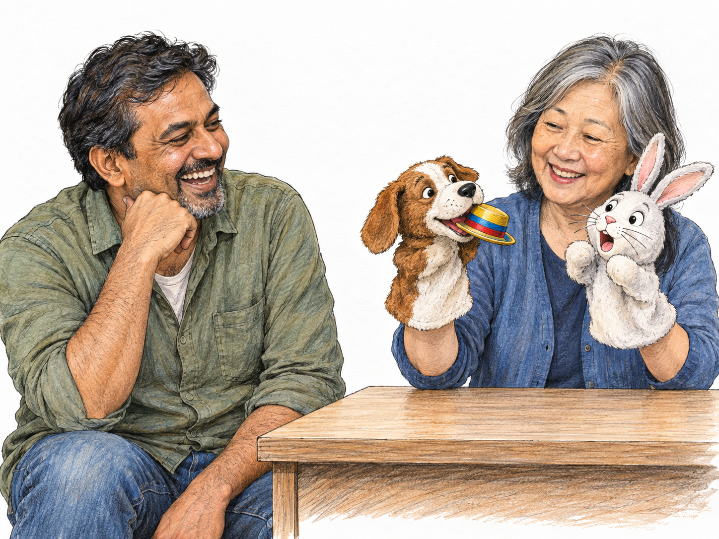 A middle-aged man laughs with absorbed delight as an older woman gives a playful hand-puppet performance: a dog puppet appears to steal a tiny hat from a rabbit puppet.