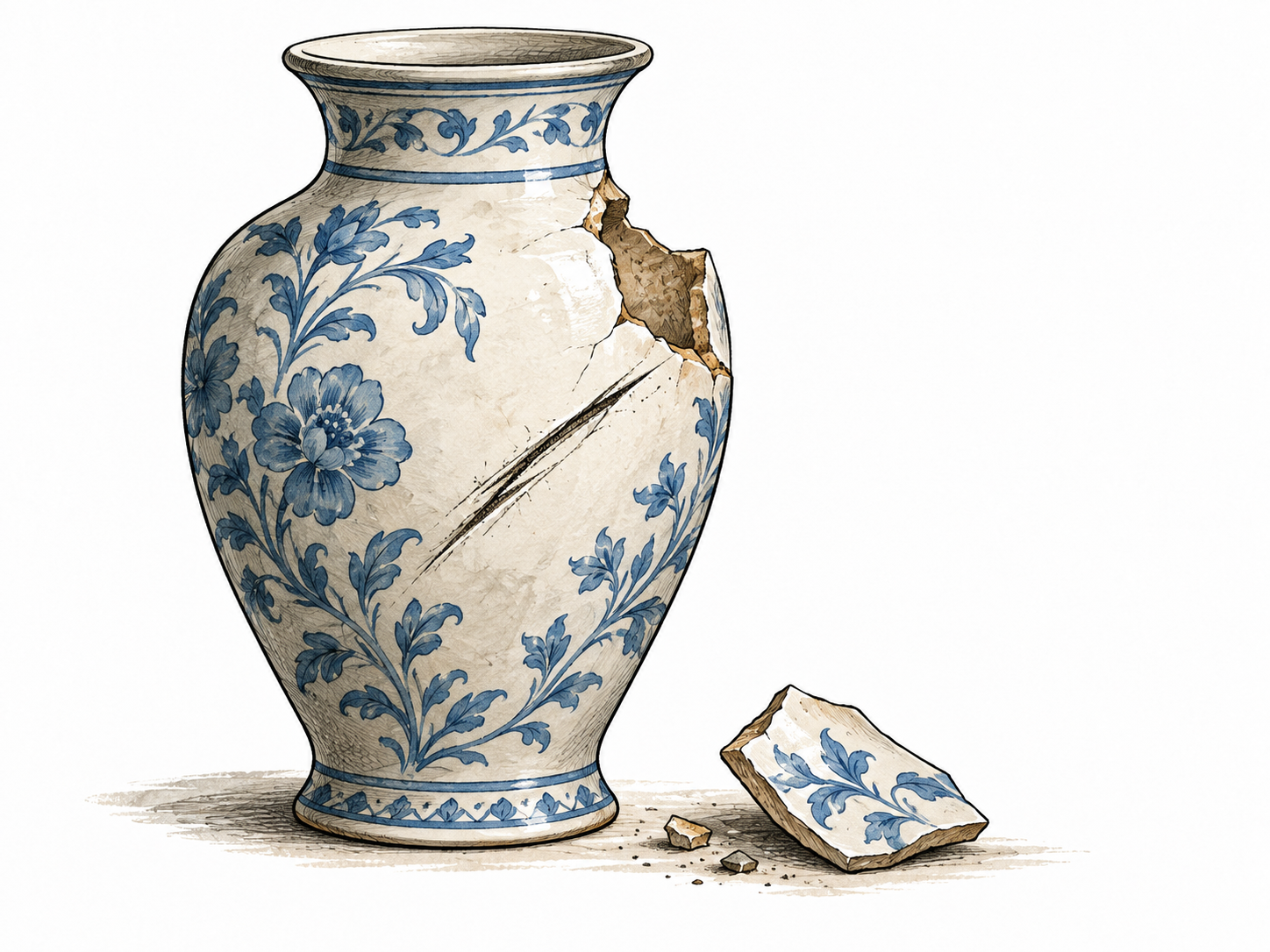 A once-elegant ceramic vase now bears a large ugly chipped area and a deep scratch across its surface, with the fallen chip beside it.