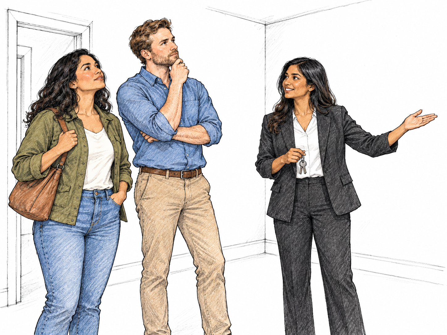 Two prospective home buyers inspect an empty apartment with keys still held by agent; buyers look thoughtfully around, transaction not yet completed; minimal doorway and window outline.