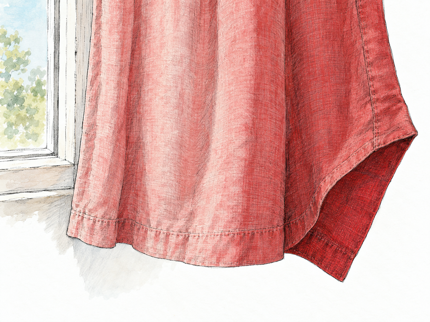 A sun-faded red curtain has washed-out pink fabric across its exposed area, while a turned-back fold reveals the original deep red beneath.