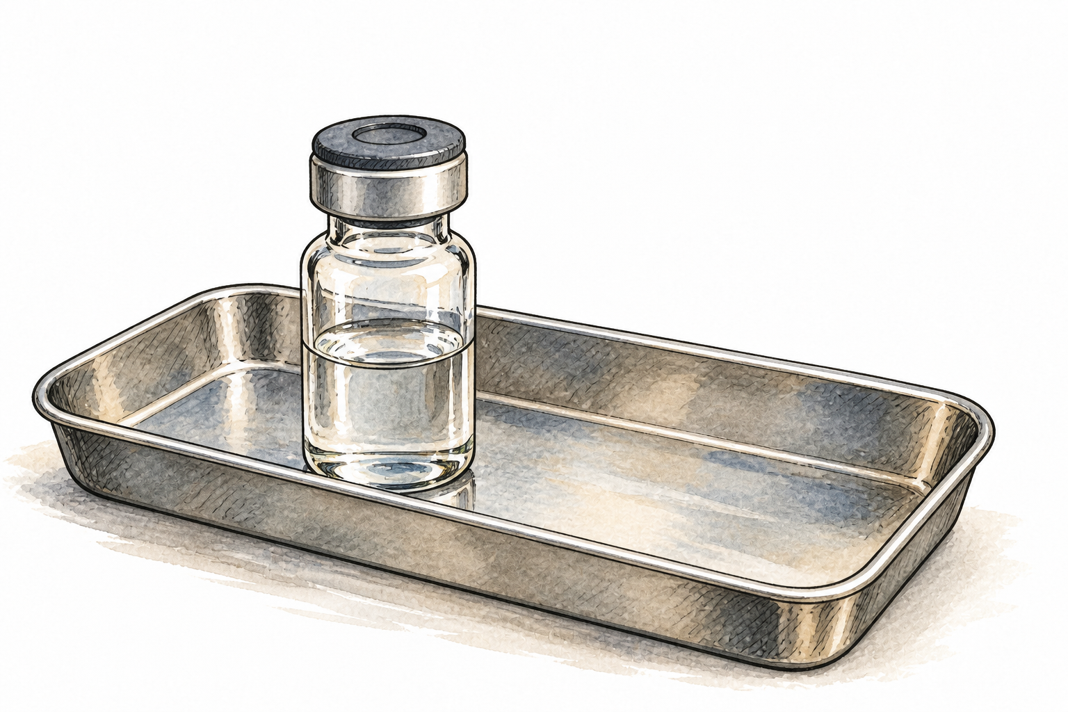 A small glass vial with a rubber stopper and a little clear liquid in a simple laboratory tray, no label.