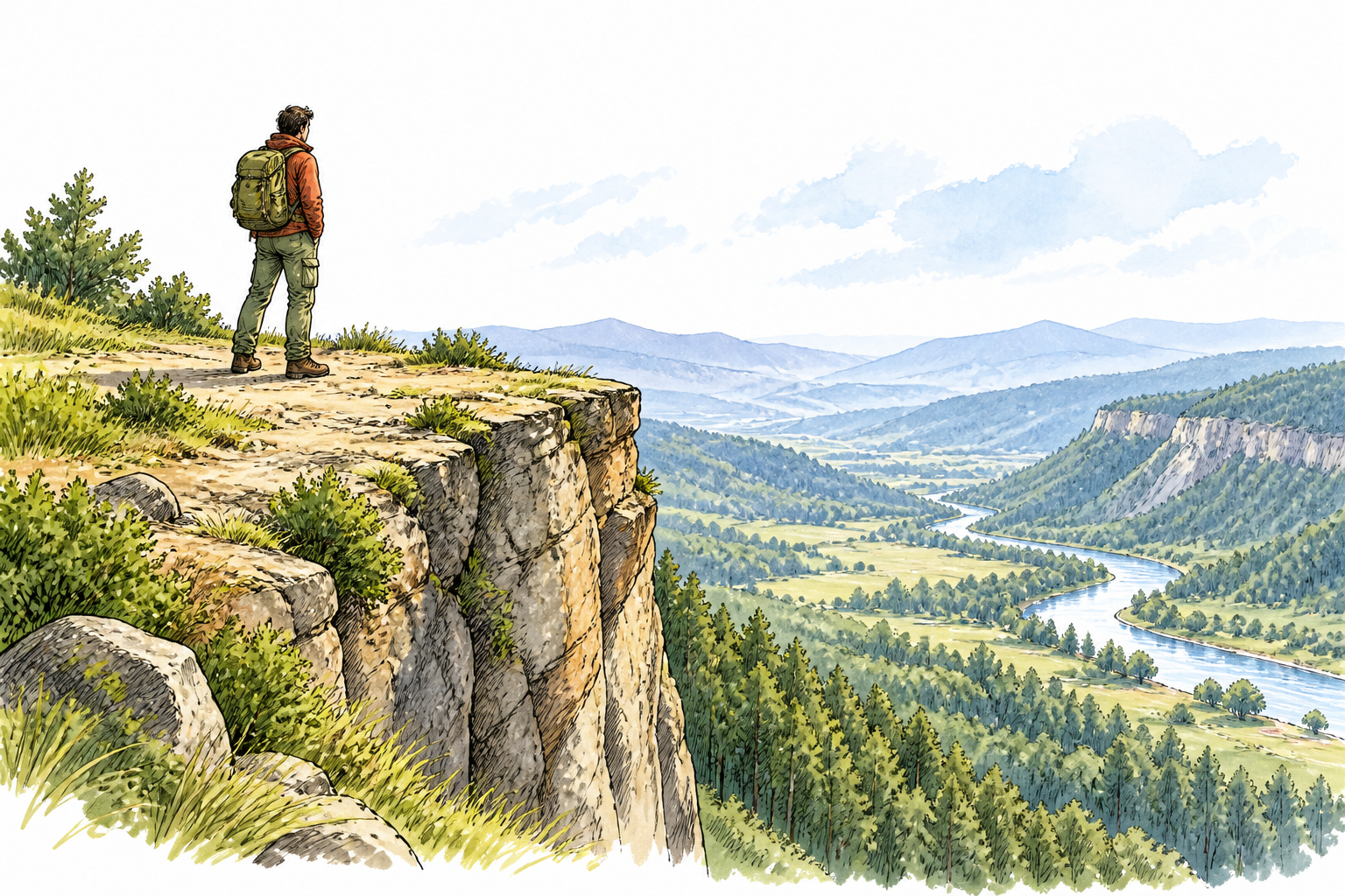 Person stands safely just back from cliff edge overlooking valley, brink clearly visible.