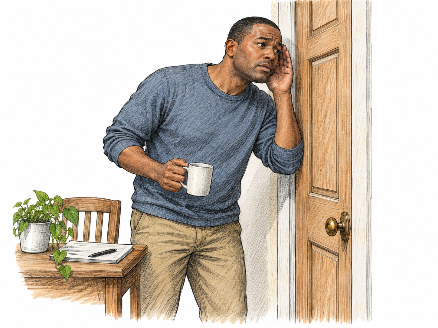 An adult suddenly pauses an activity and turns an ear toward a faint knocking source at a door; attentive listening, no written sound effect.
