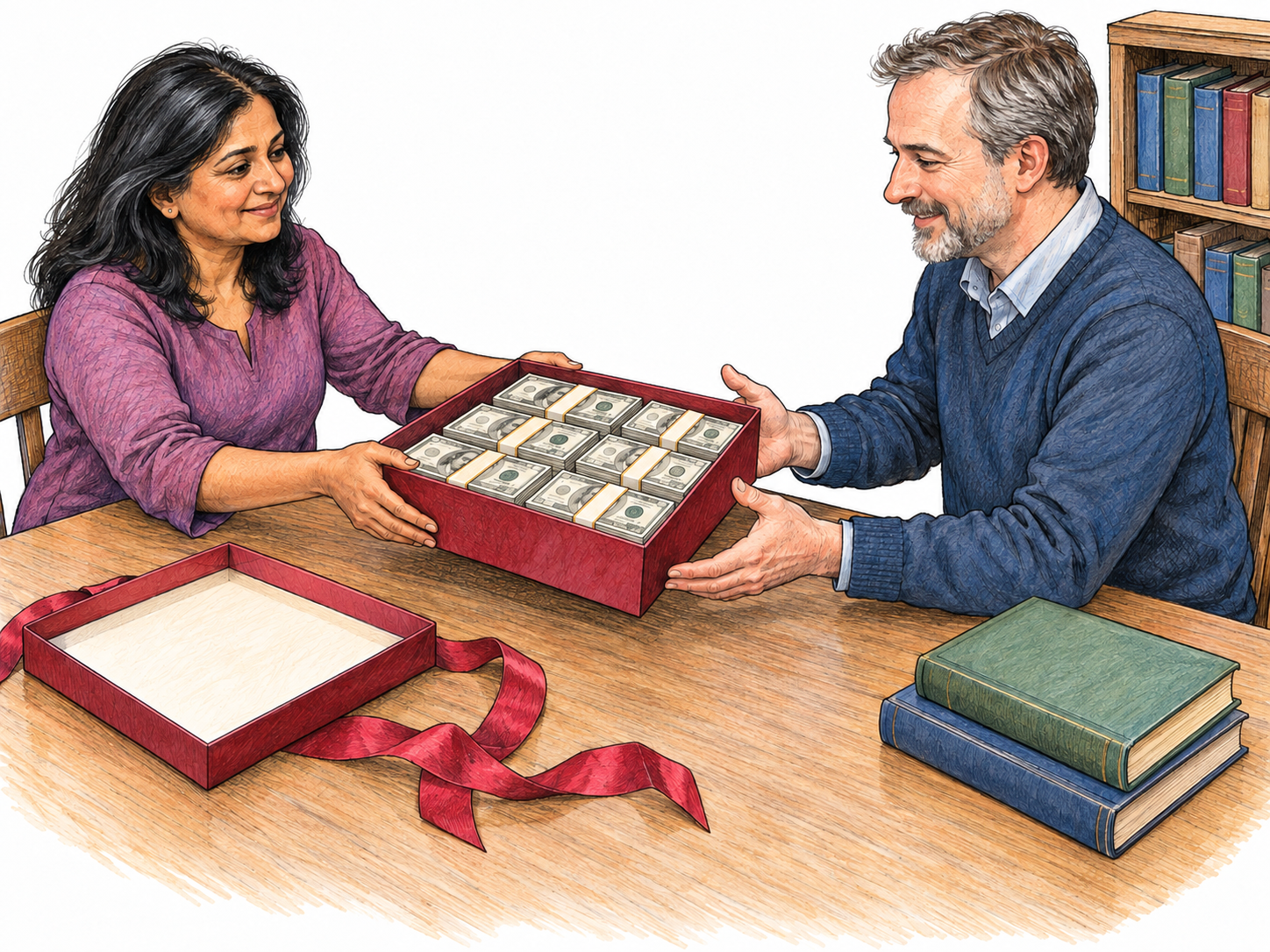 A donor endows a small library with money, presenting a substantial cash gift on its reading table beside the librarian's books.