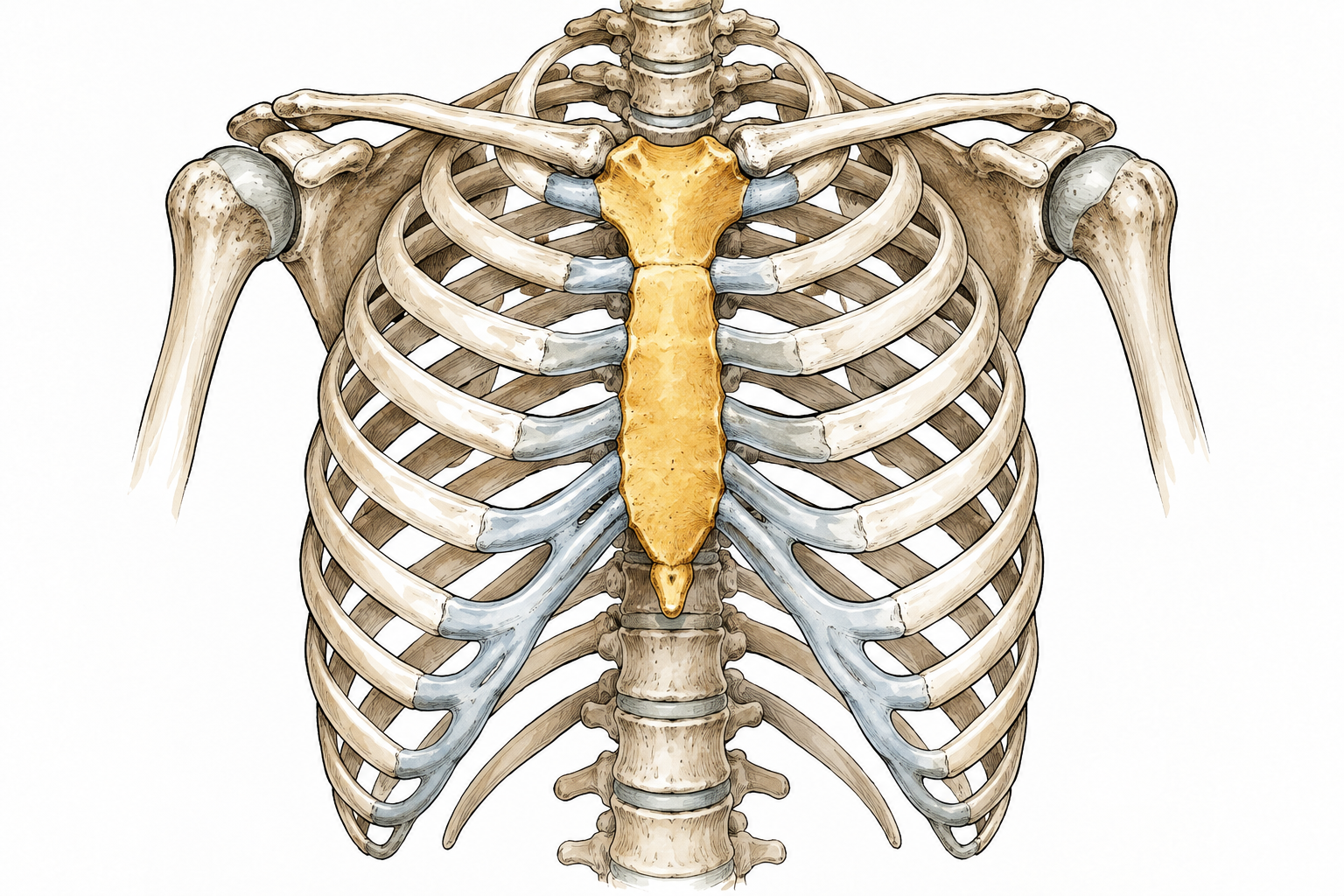 Clean anatomy illustration of rib cage with central sternum highlighted warm gold, flat breastbone clearly visible, no labels.