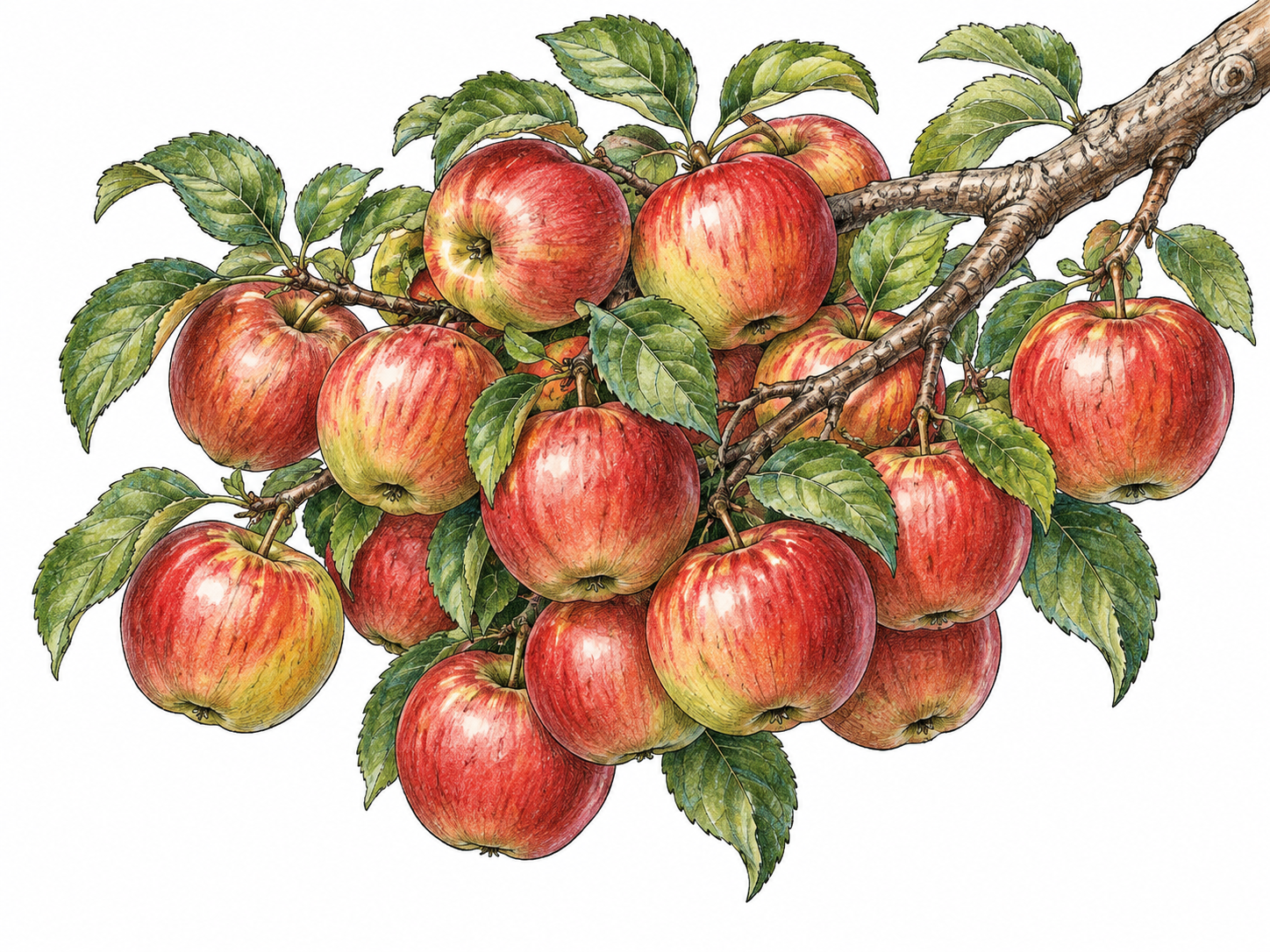 A fruit tree branch carries a very large number of ripe apples, visibly abundant compared with the small area of branch.