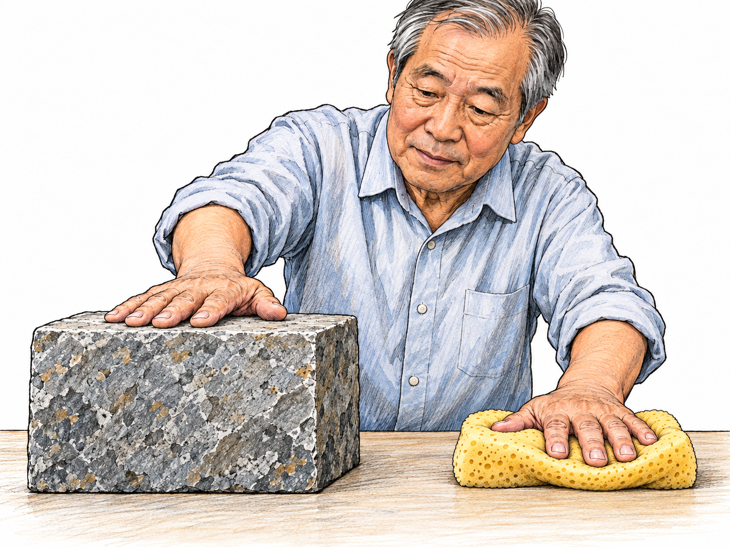 An older man presses down on a solid stone block and a soft sponge side by side.