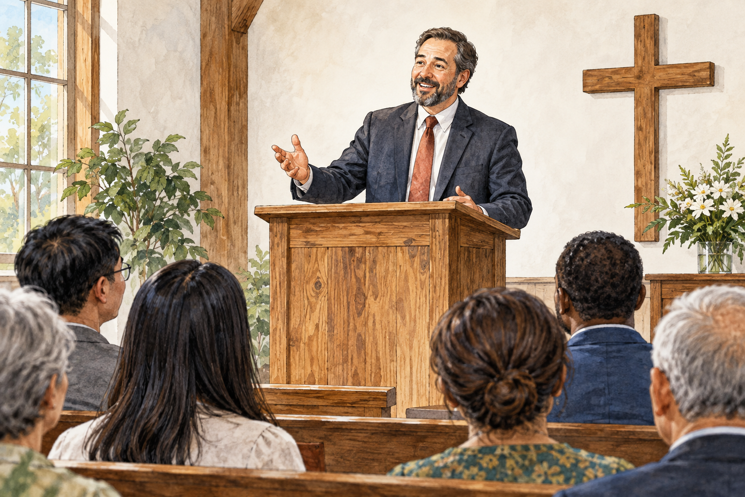 A preacher at a simple wooden pulpit speaks thoughtfully to a congregation, warm expressive face, no lettering.