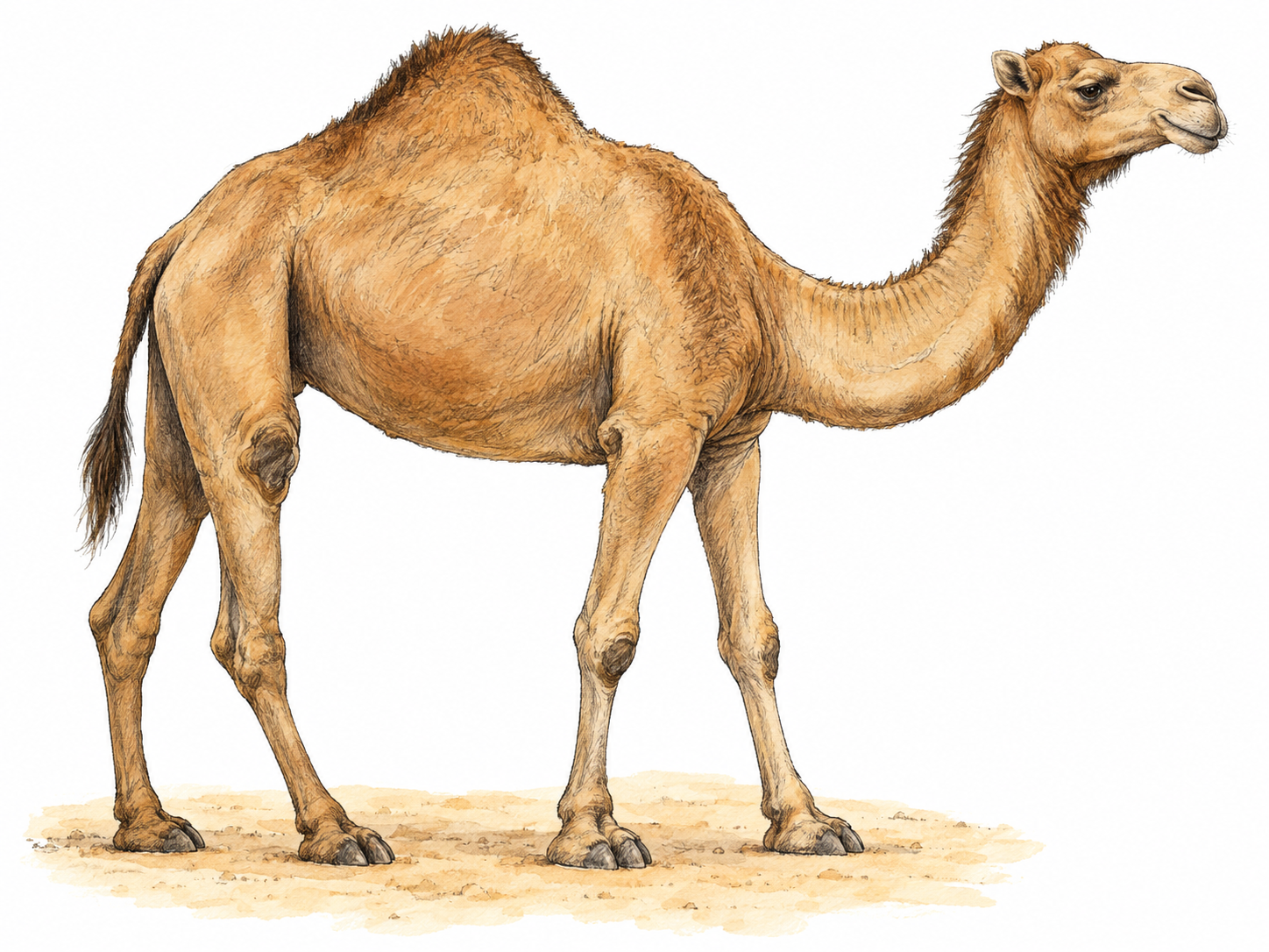 A single adult dromedary camel in clear side view, its one hump, long curved neck, long legs and broad padded feet plainly visible, standing on a small patch of desert sand.