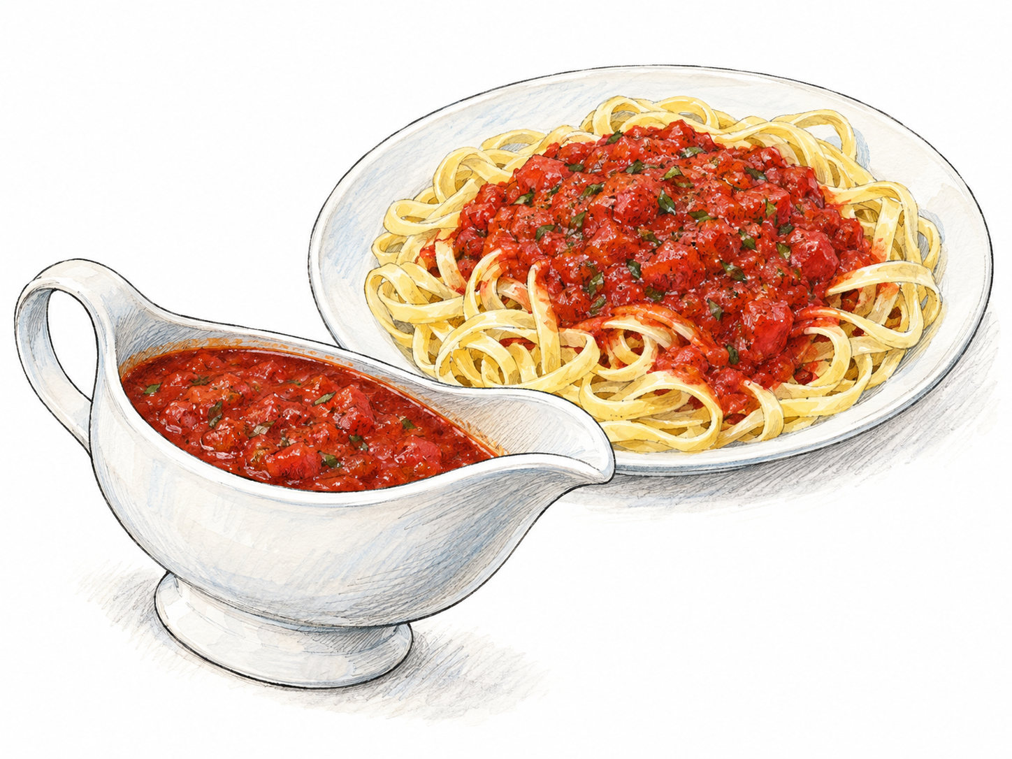 A small sauceboat of red tomato sauce beside a plate of pasta, with a generous spoonful of the same sauce visibly coating the pasta.
