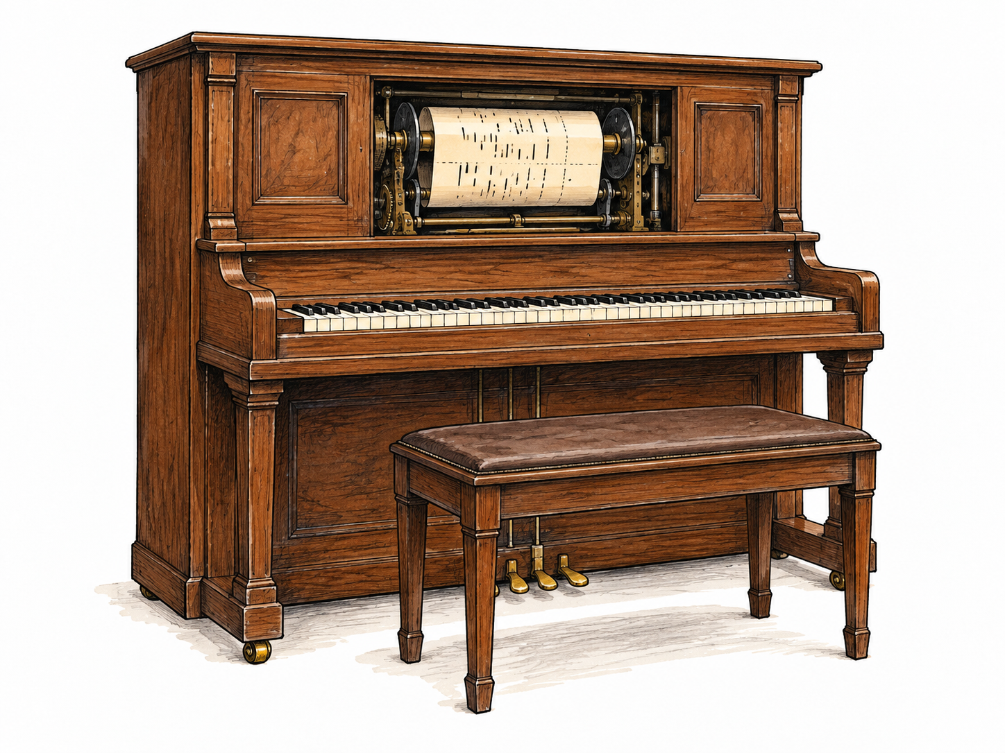 An early twentieth-century player piano with perforated paper roll moving in its open central cabinet and empty bench, mechanical self-playing clear, no person at keys or printed roll text.