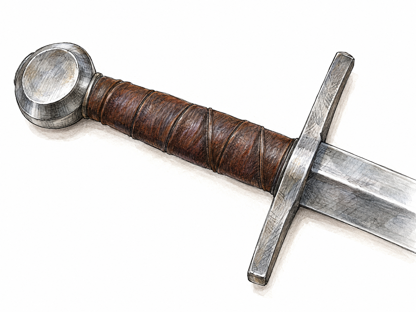A close-up of a plain sword handle, showing the pommel, leather-wrapped grip, and crossguard in full, with only a short section of blade visible to establish what the handle belongs to.