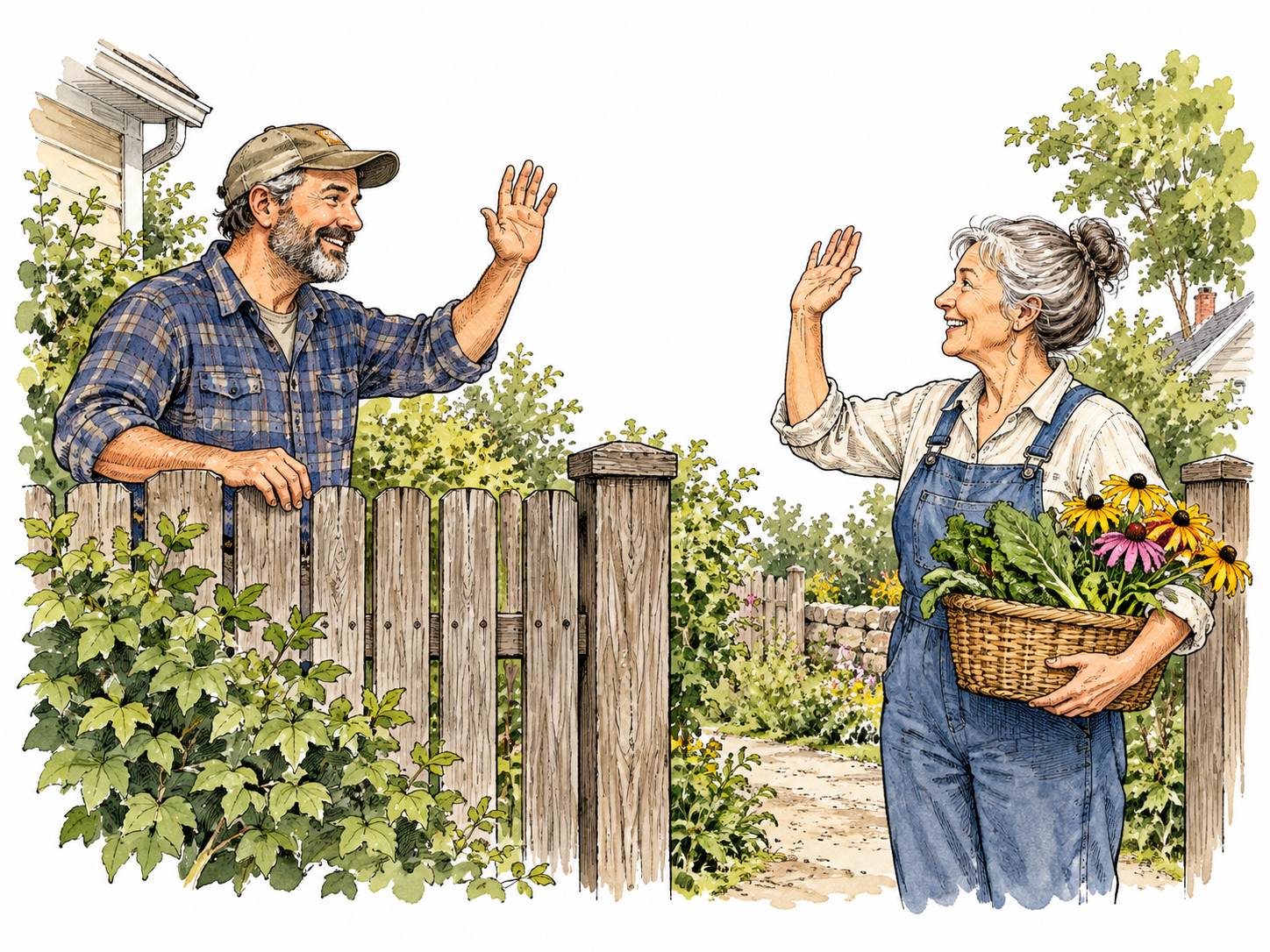 Two neighbors wave in greeting as they meet, friendly expression.