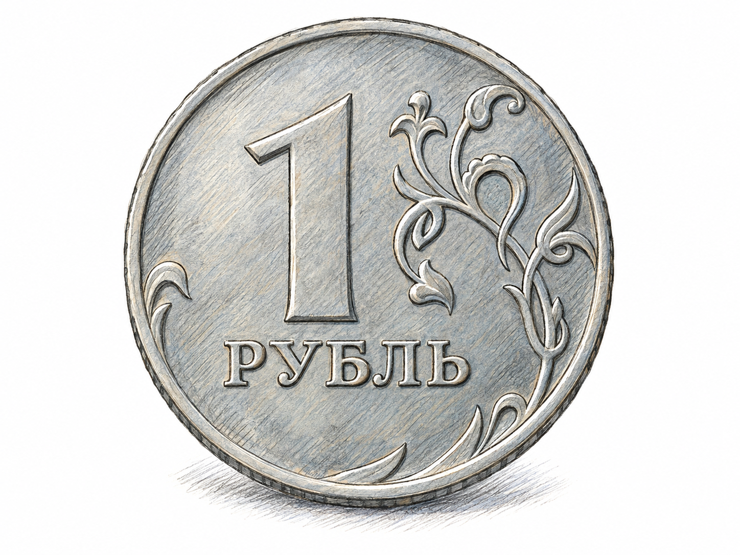 A close view of a Russian one-ruble coin, denomination side facing the viewer, with its intrinsic denomination clearly legible.