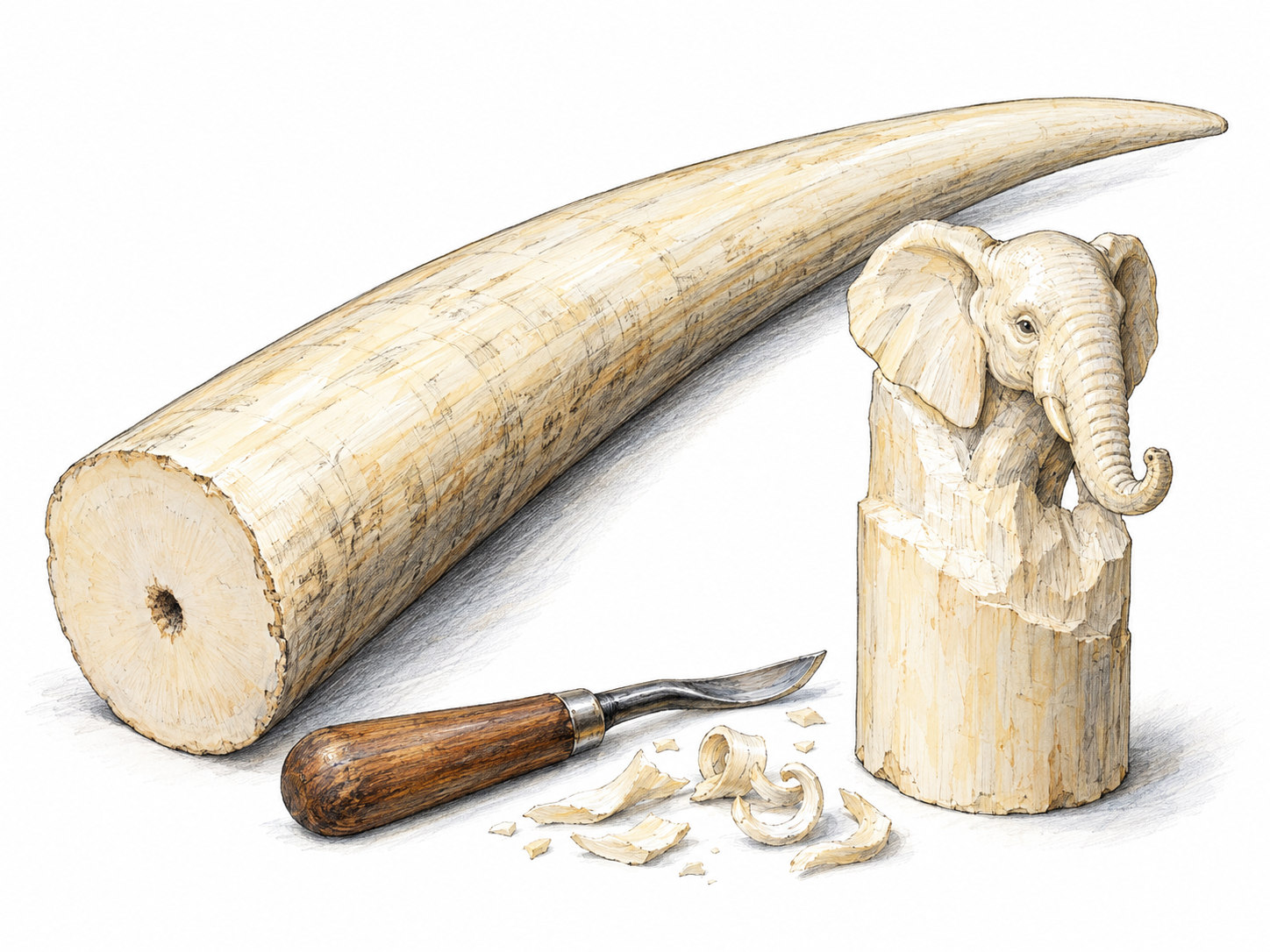 An elephant tusk displayed beside a section of the same creamy-white material partially carved into a small elephant, making the raw material and its carving use visible together.
