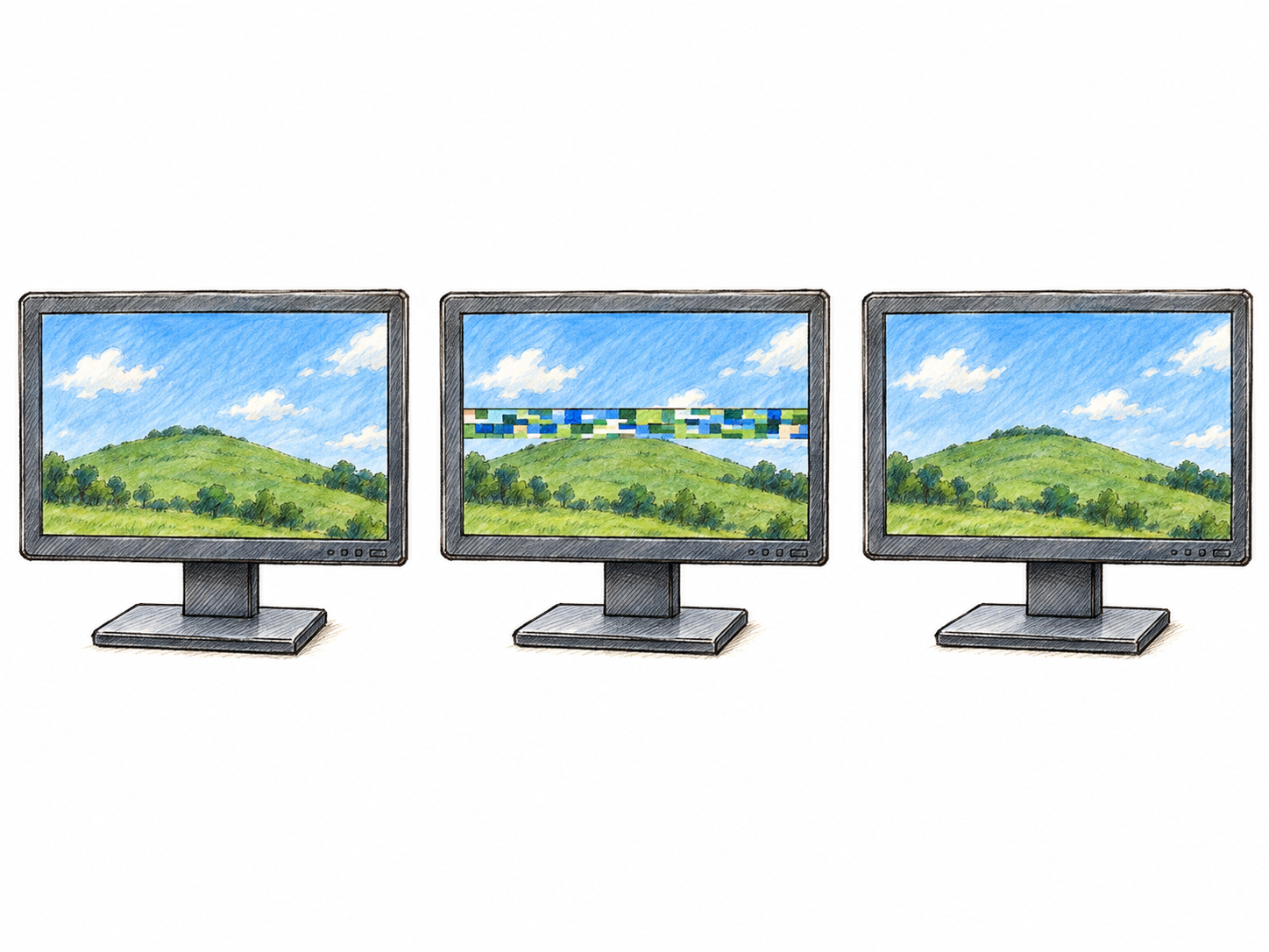 A text-free three-stage sequence of the same computer display: a simple landscape appears normally, briefly develops a small band of scrambled pixels, then returns to normal.