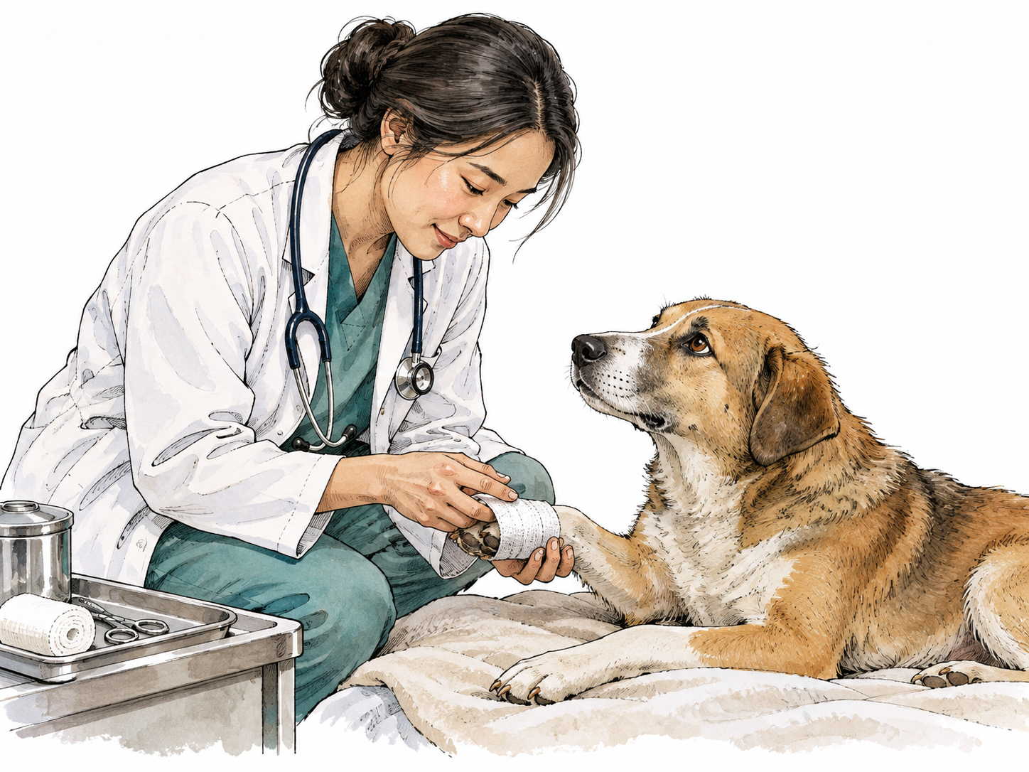 East Asian veterinarian gently treats injured dog's paw.