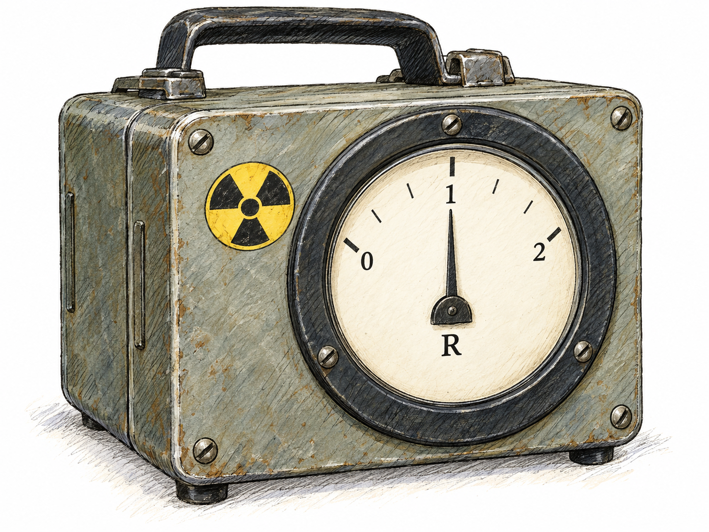 A vintage integrating radiation-exposure dosimeter with a prominent analog scale marked in R, showing accumulated exposure rather than exposure per hour.