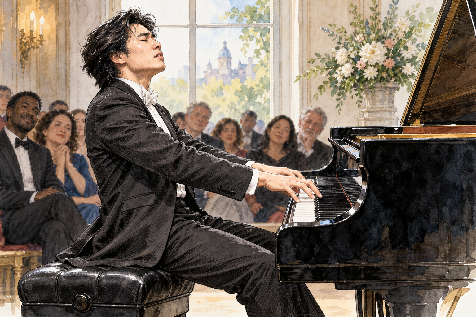 A pianist performs an emotionally sweeping free-form passage with expressive face and flowing hand motion, audience moved, no music prose.