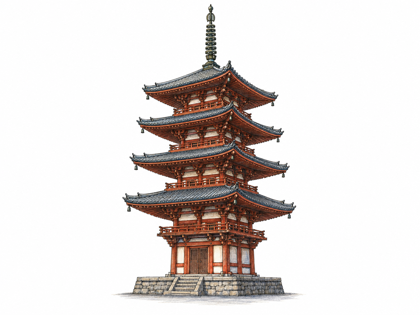 An isolated five-story Japanese wooden pagoda, showing its stacked tiers and broad projecting roofs clearly from base to finial.
