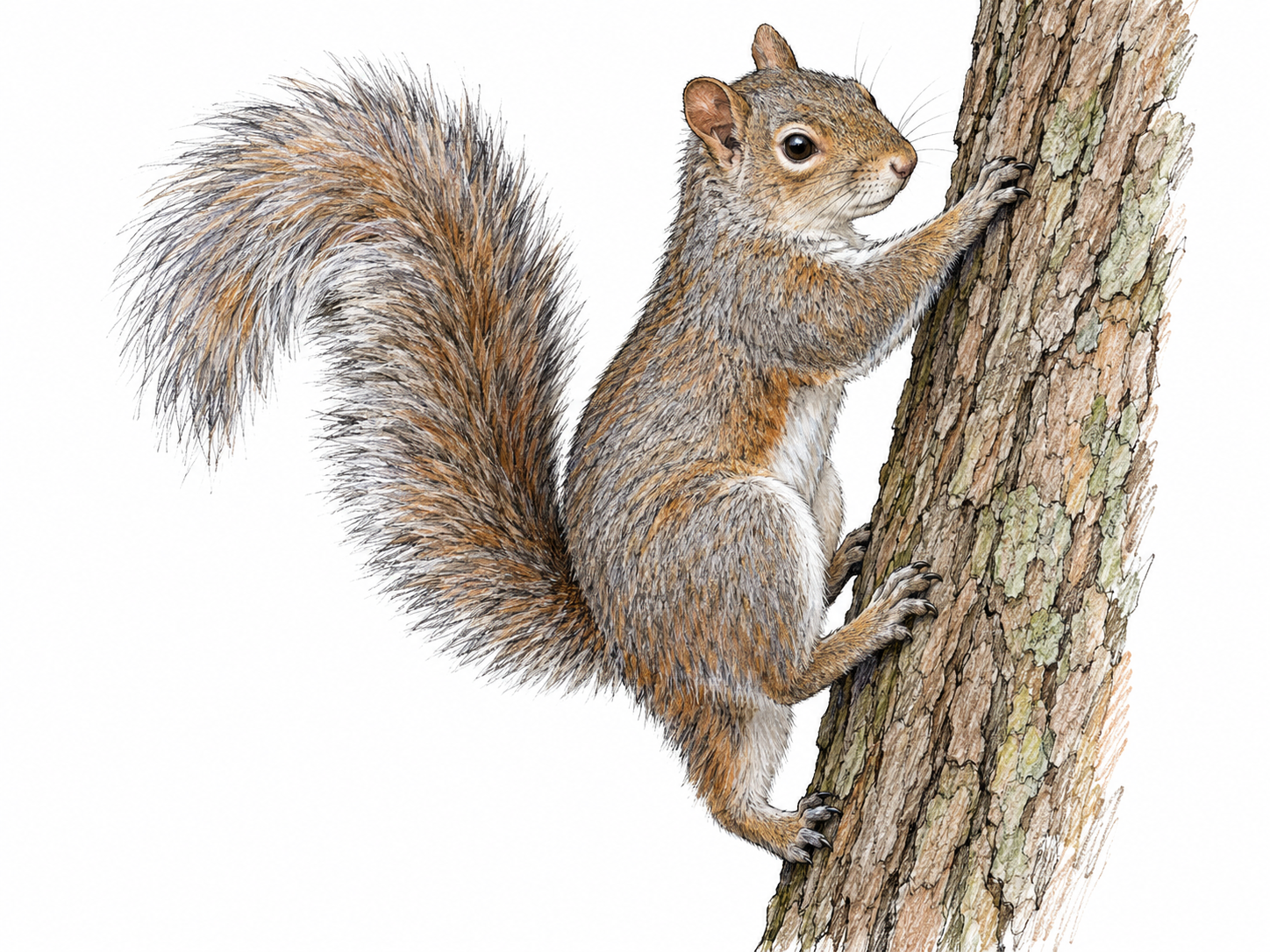 A single squirrel climbing a short section of tree trunk, its small rodent body and large bushy tail clearly visible.