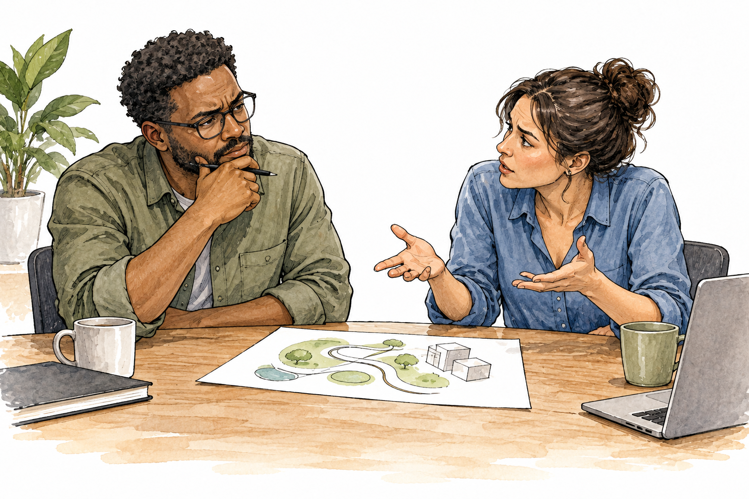 Two colleagues weigh different interpretations of a wordless proposal, disagreement remains open.