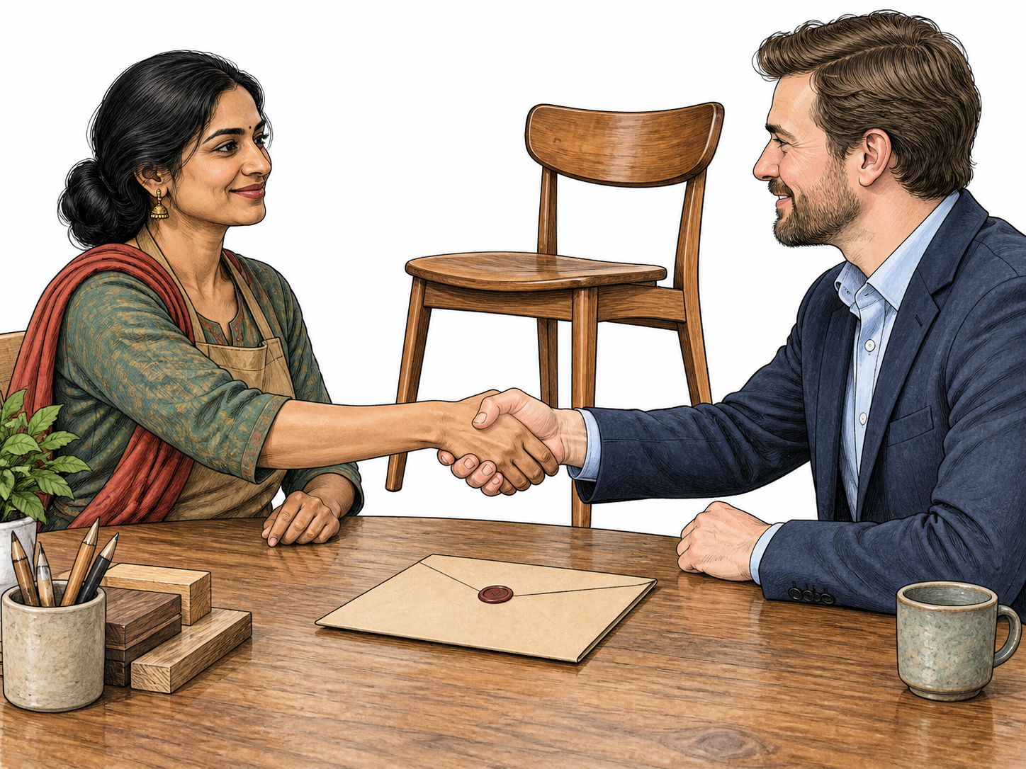 At a modern agreement table, a South Asian female craft-business owner and a white male customer clasp hands over a plain sealed contract, with a finished wooden chair representing the promised delivery.