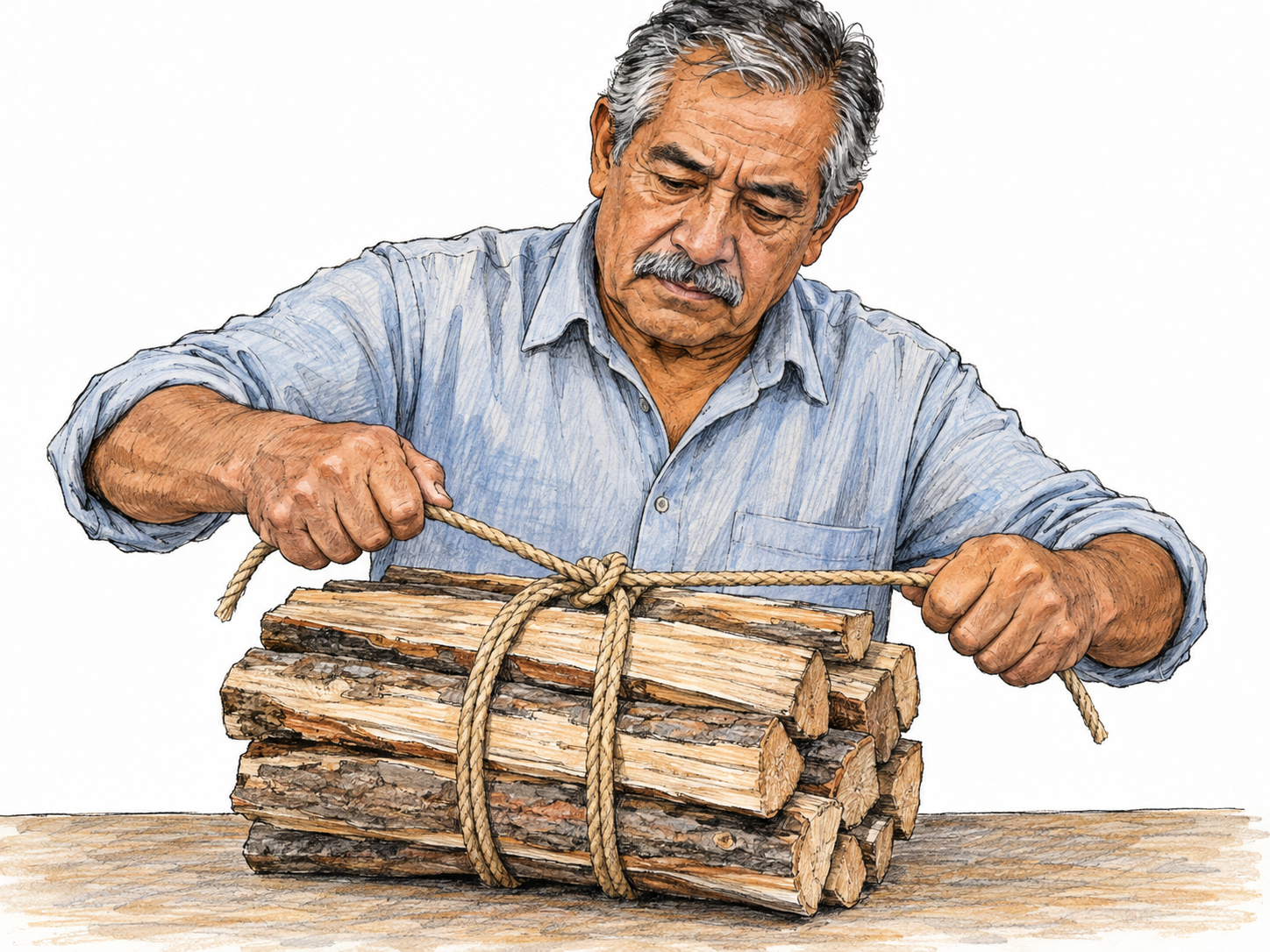 An older man pulls the two ends of a rope tight around a compact bundle of firewood, visibly binding the separate pieces securely together.