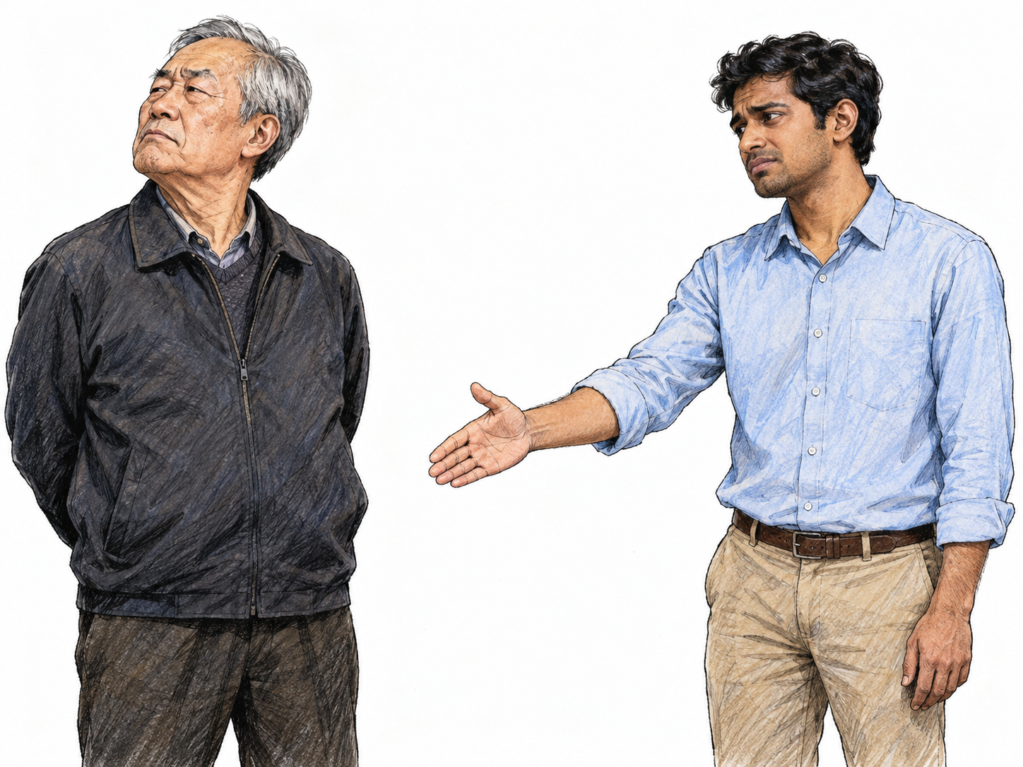A man conspicuously refuses another man's offered handshake, turning his face away with a disdainful expression while keeping his hands clasped behind his back.