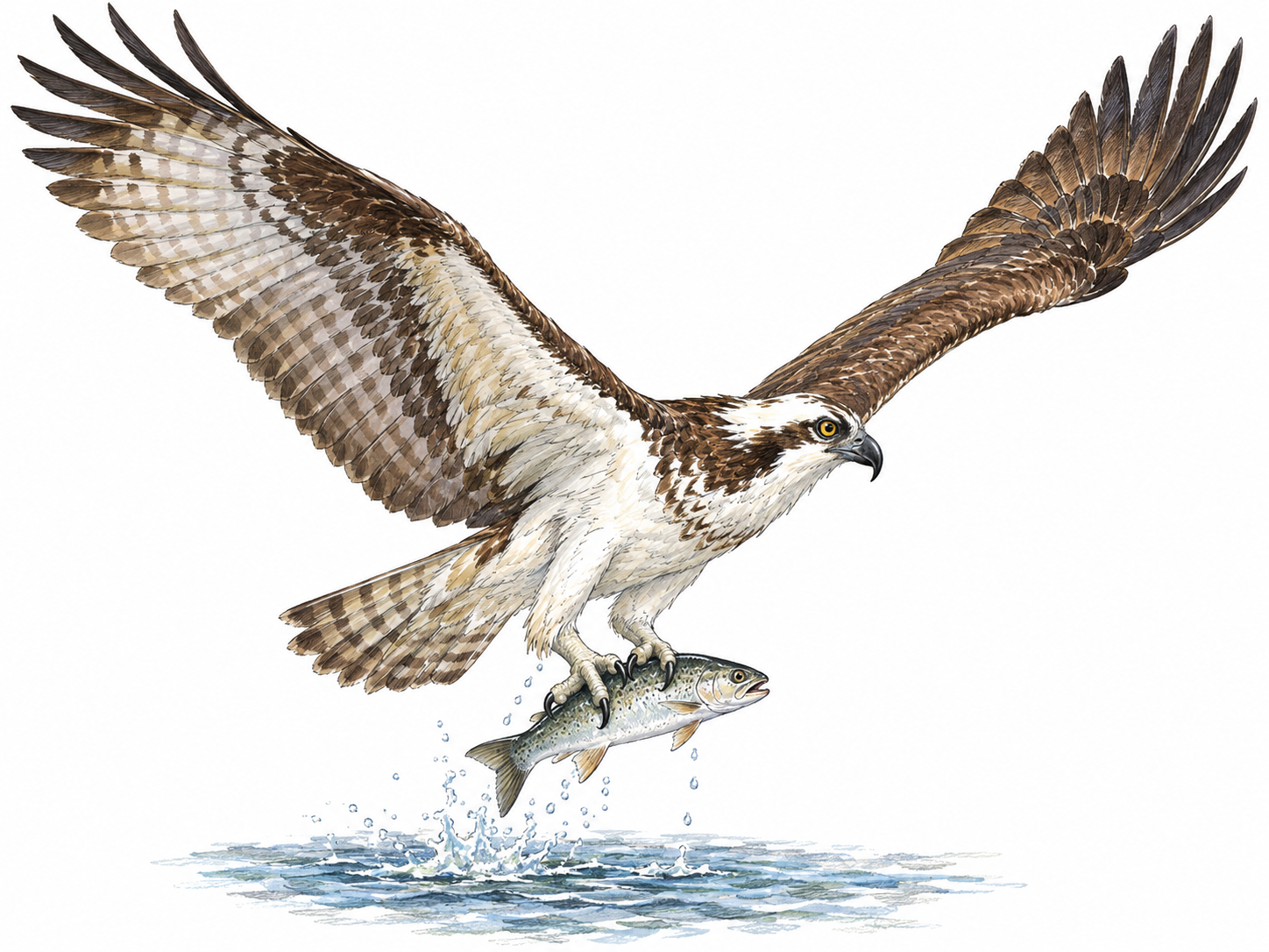 A recognizable osprey lifts from the water with a fish gripped in its talons, its long wings spread broadly.