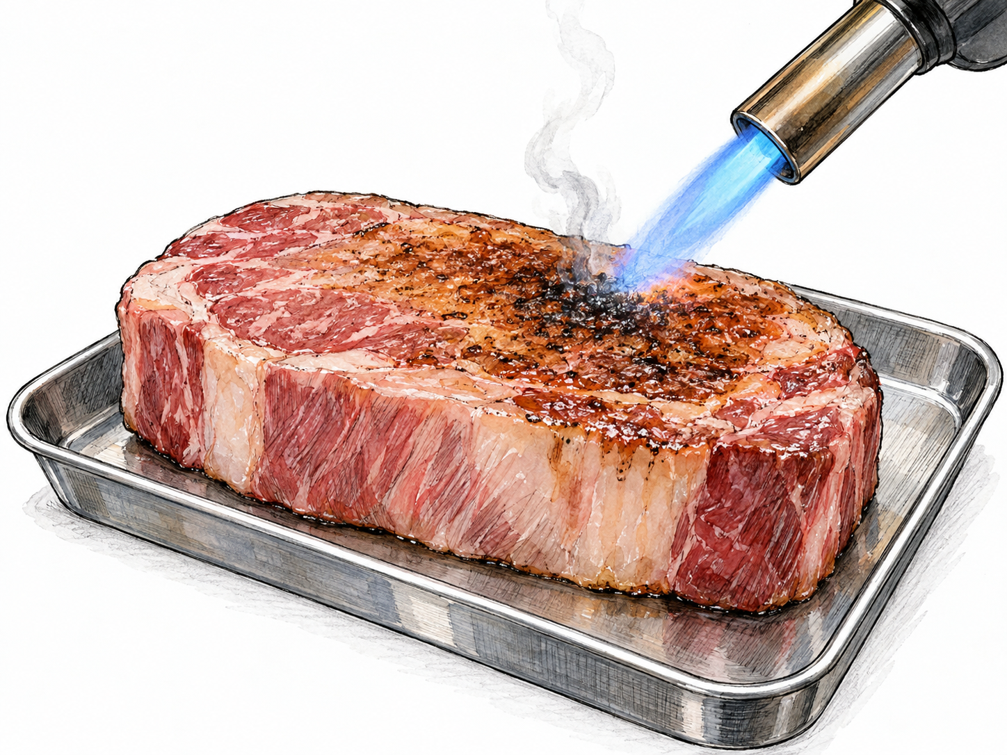 A culinary torch scorches the pale surface of a steak, leaving a sharply visible dark-brown crust directly beneath its concentrated blue flame.
