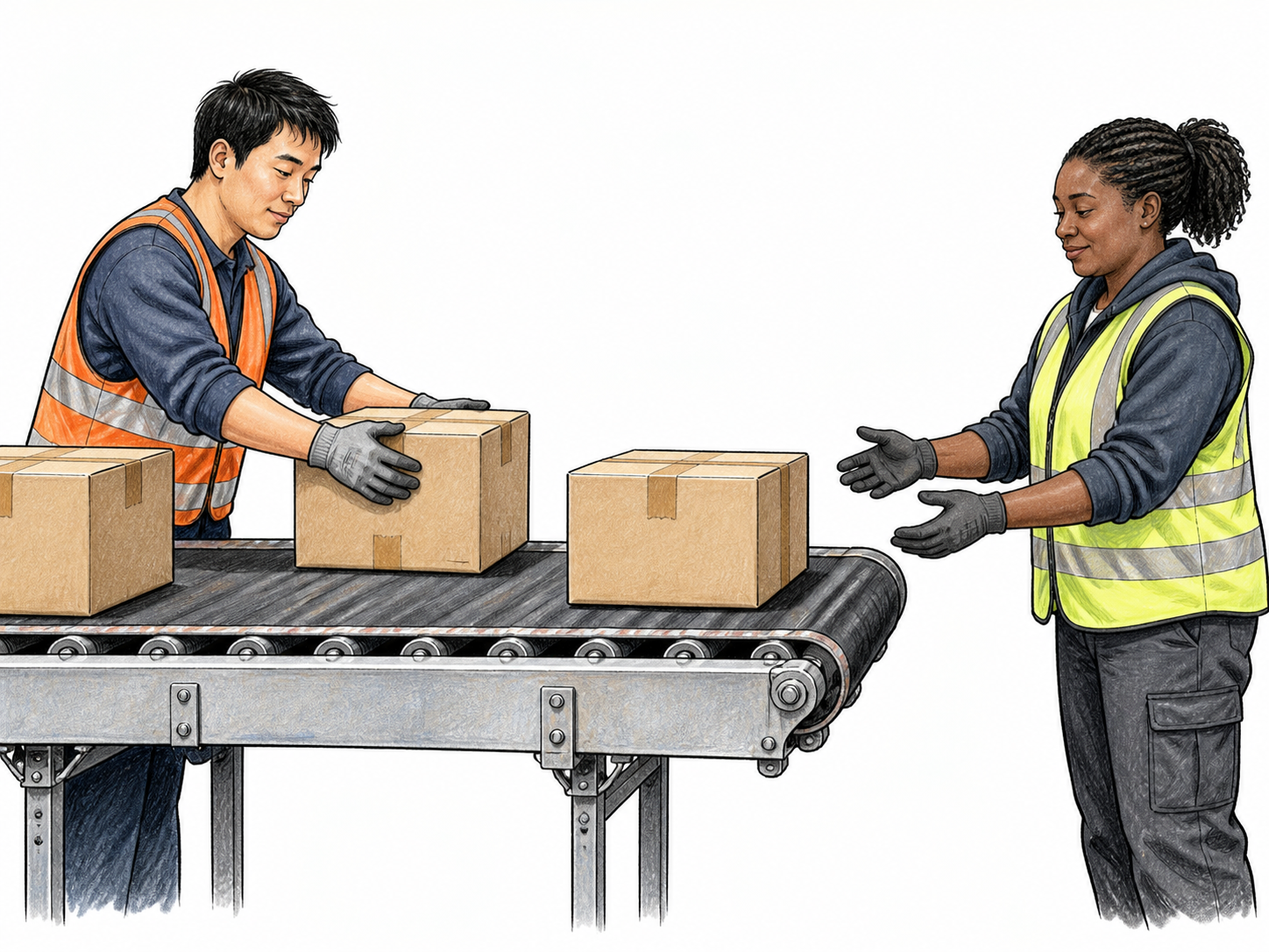 A conveyor belt carries plain sealed parcels from worker at left to waiting worker at right, clear transport of objects; compact isolated belt and hands.