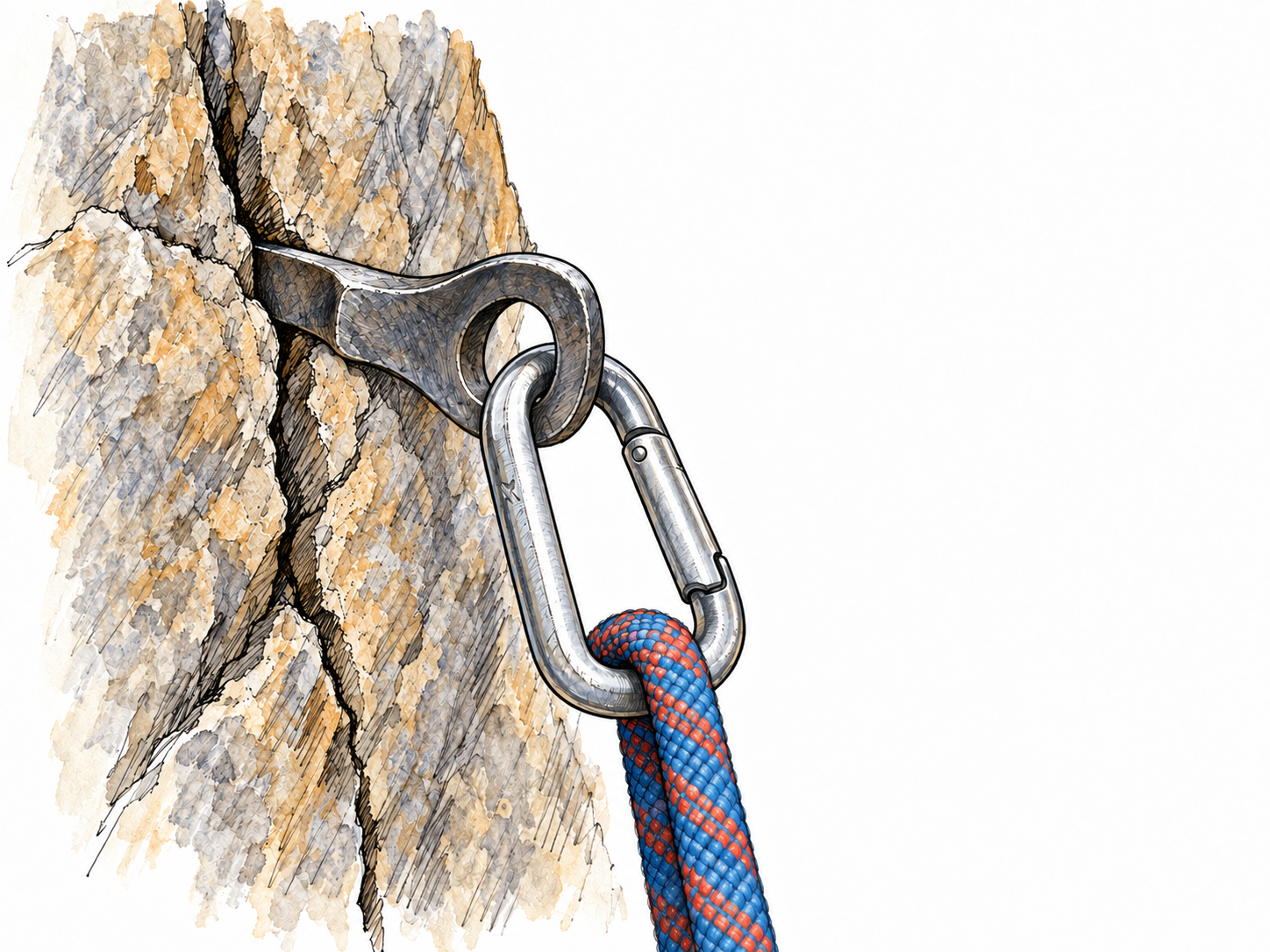 Close-up of a steel climbing piton driven into a natural rock crack, with its exposed eye clipped to a carabiner carrying a climbing rope.