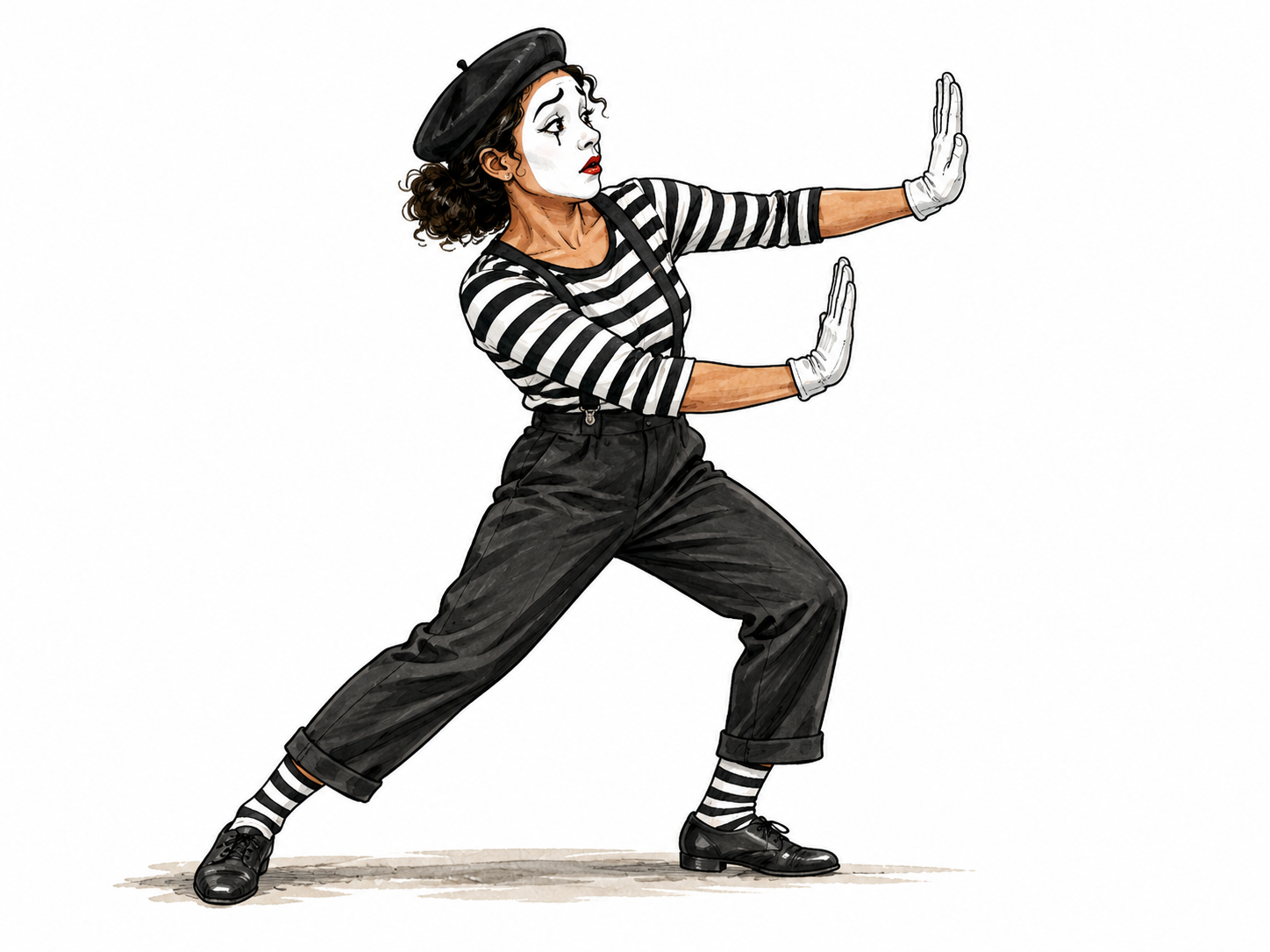 A modern mime in simple striped shirt and white face paint uses both flat palms to suggest an invisible wall, expressive posture, no speech or writing.