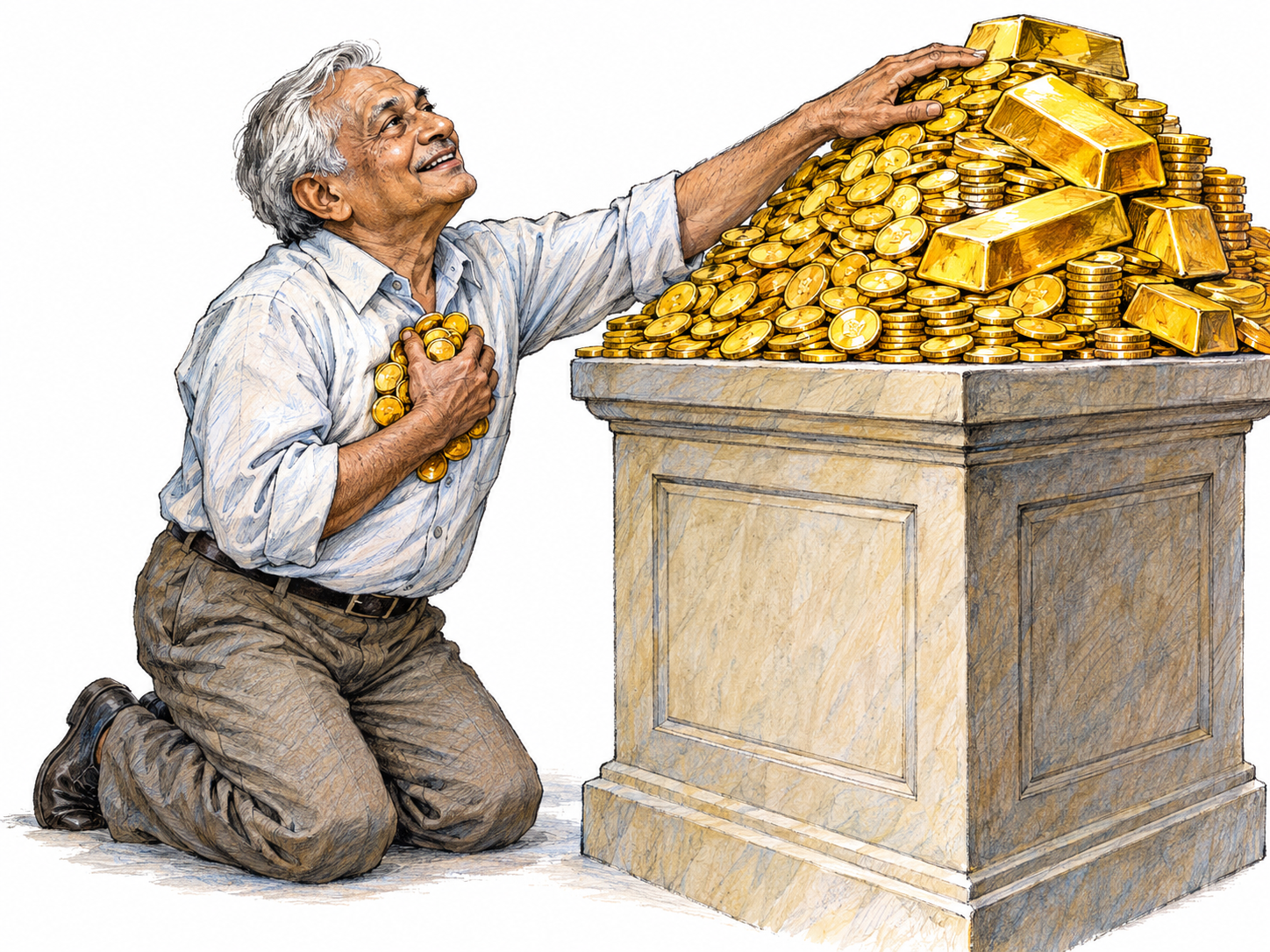 An older man kneels reverently before a pedestal piled with gold, pressing a handful of coins to his chest while gazing upward at the hoard with hungry adoration.