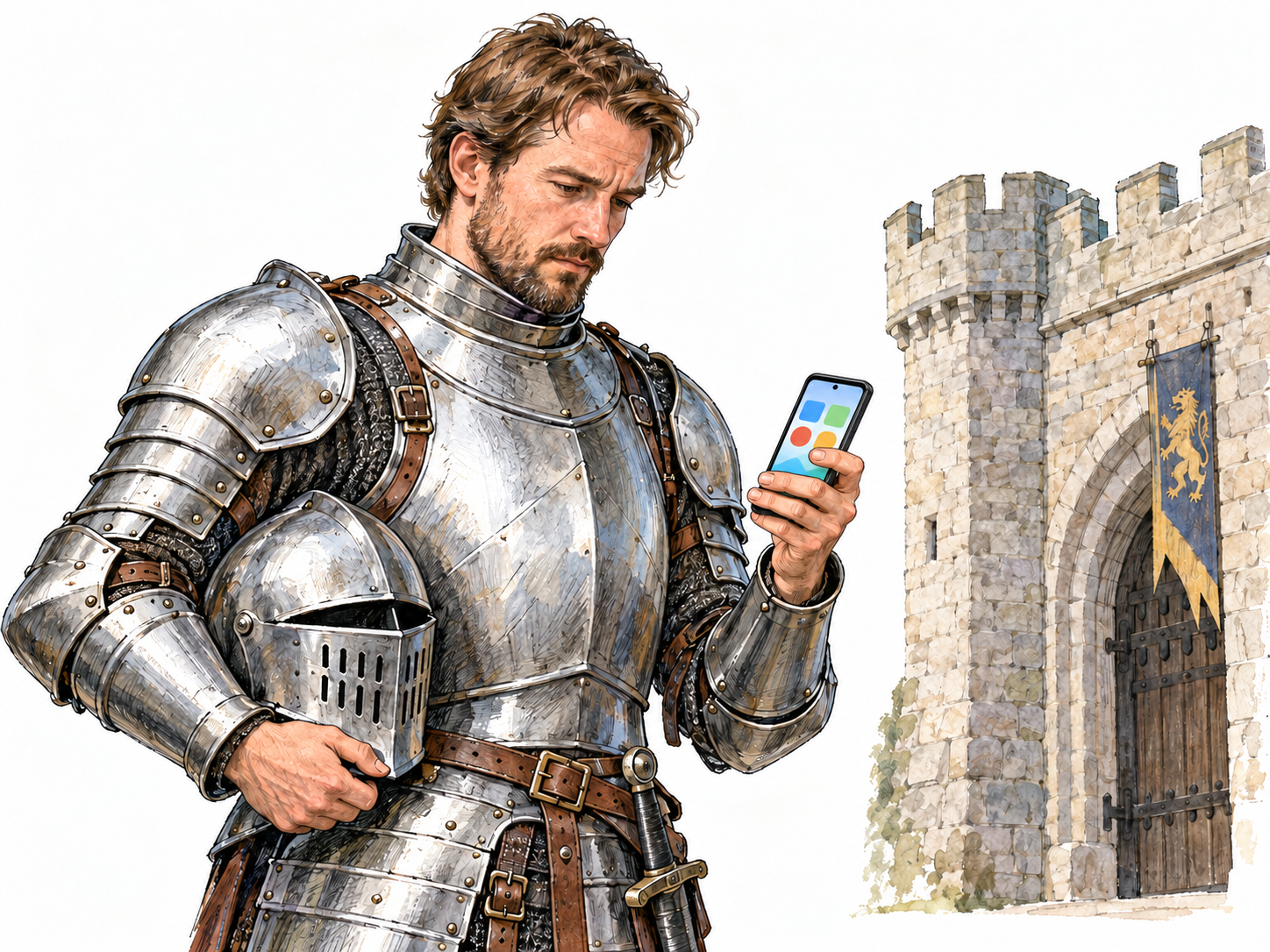 A medieval knight in fifteenth-century plate armor checks a conspicuously modern smartphone, making the misplaced technology the central visual contradiction.