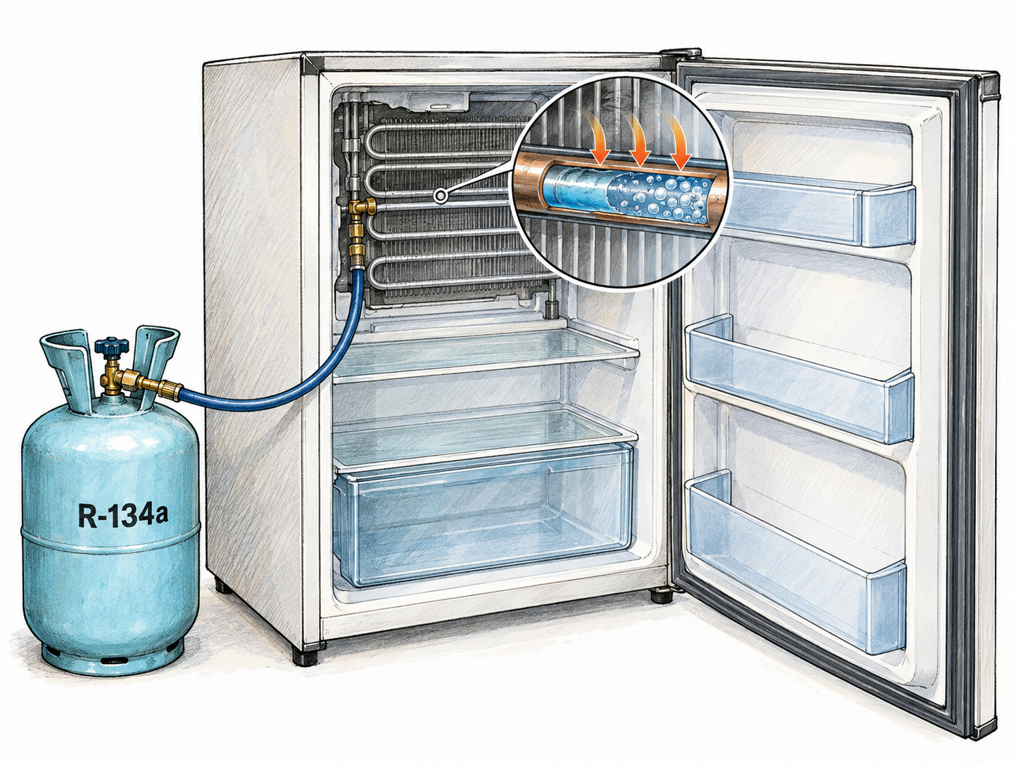 A compact refrigerator with a localized cutaway exposes its sealed cooling circuit.
