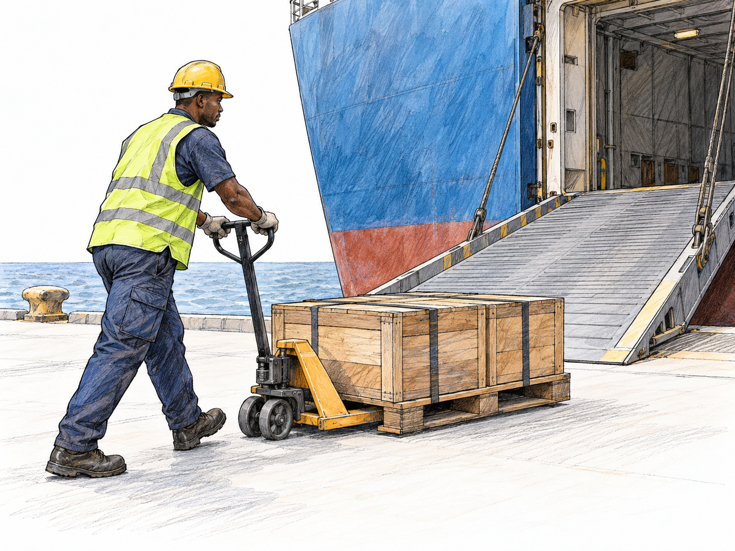 A modern dockworker pushes a loaded pallet jack along the quay toward a cargo ship’s open loading ramp, clearly showing the work of loading ships.