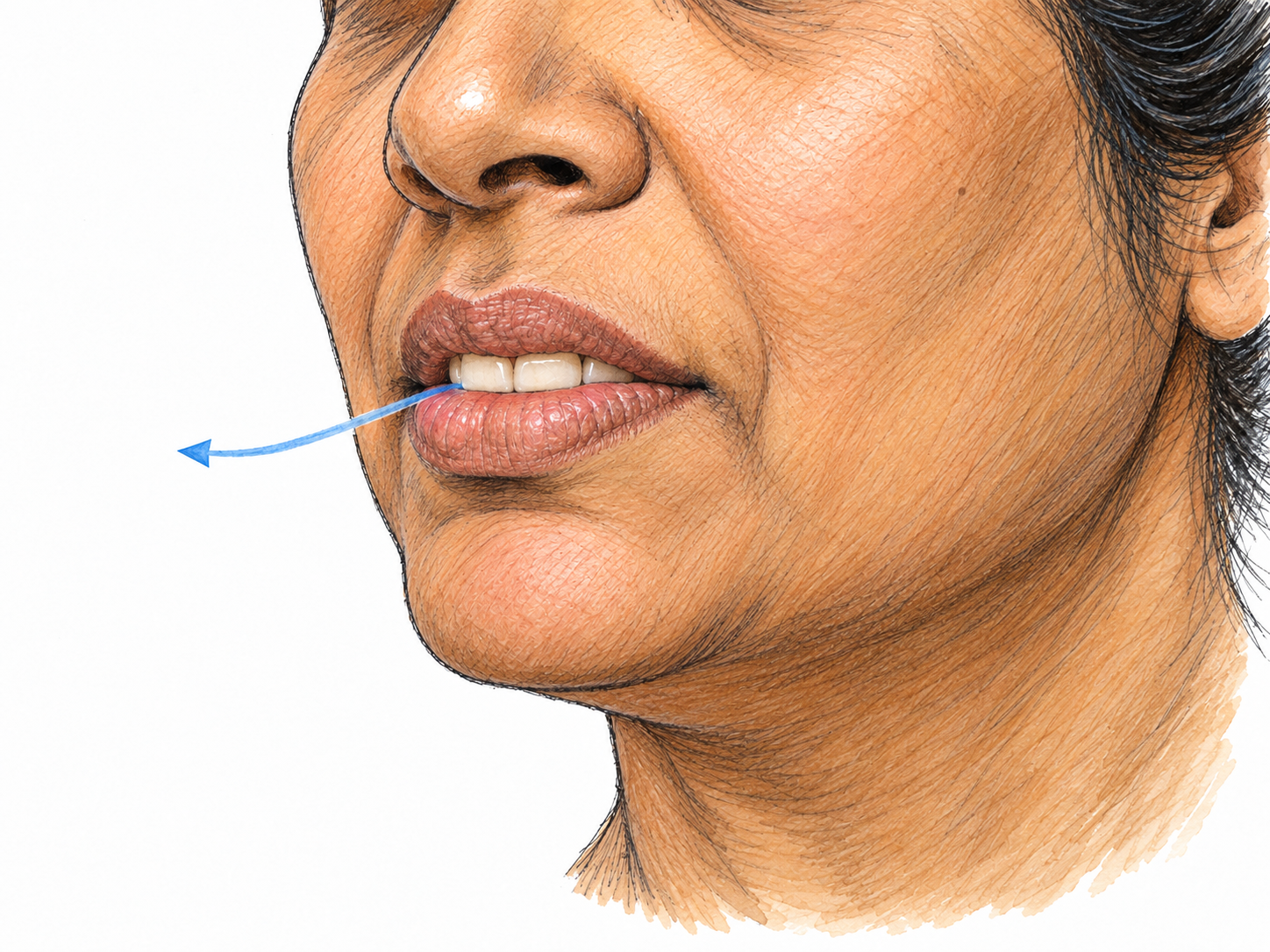A dominant external three-quarter close-up of an /f/ articulation: the upper front teeth visibly meet the raised lower lip, with a slender airflow trace passing through that exact constriction.