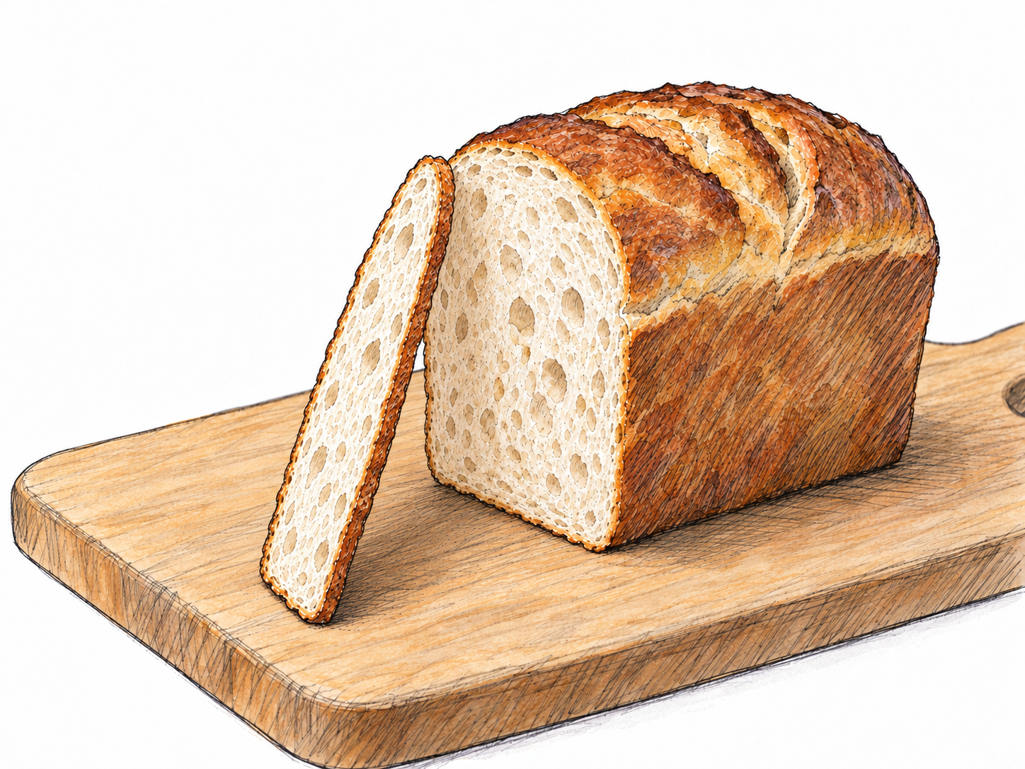 A wafer-thin slice of bread beside the loaf it was cut from, with the slice tilted to expose its very narrow edge.