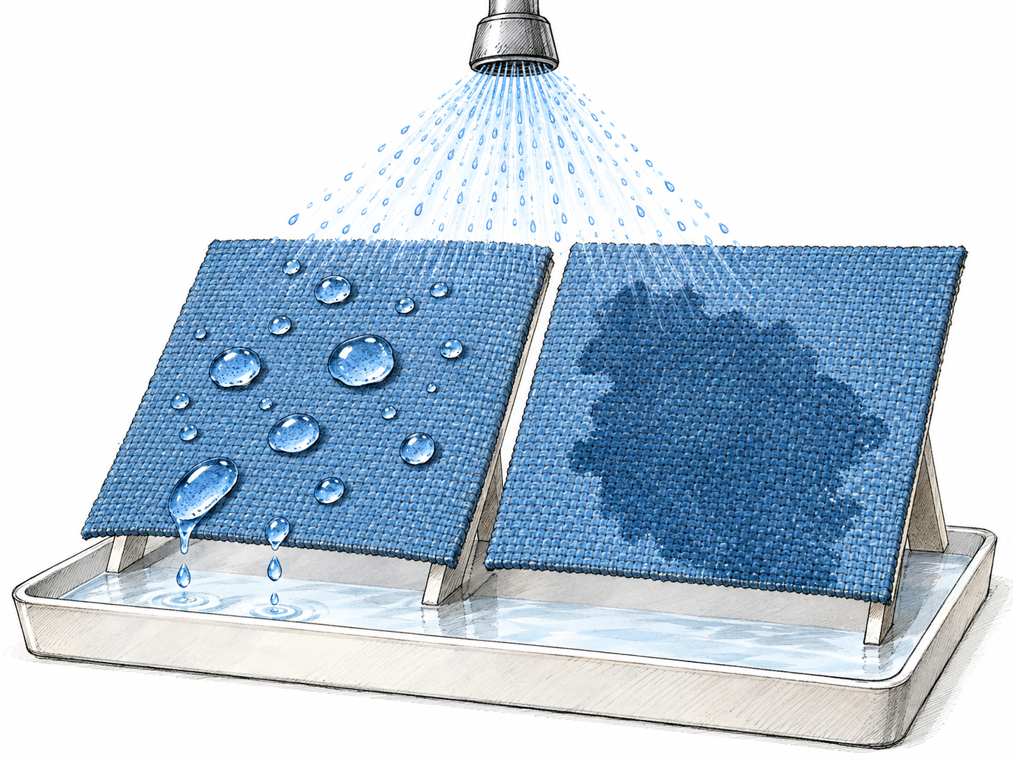 Water beads and rolls off a water-resistant fabric panel while an adjacent untreated panel absorbs the same spray into a dark wet patch.